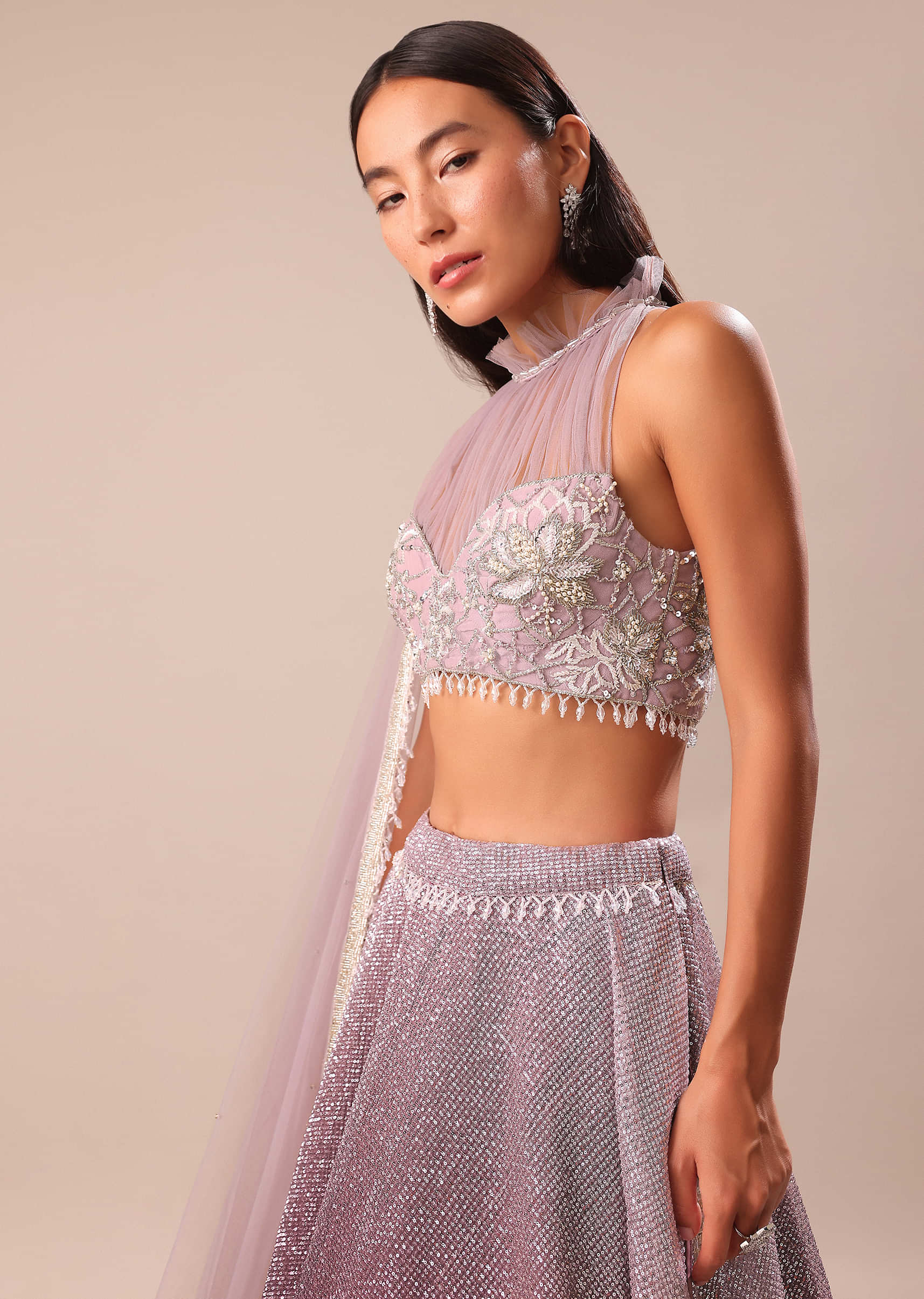 Purple Ombre Sequin Lehenga With Ruched Halter Blouse - Image 4