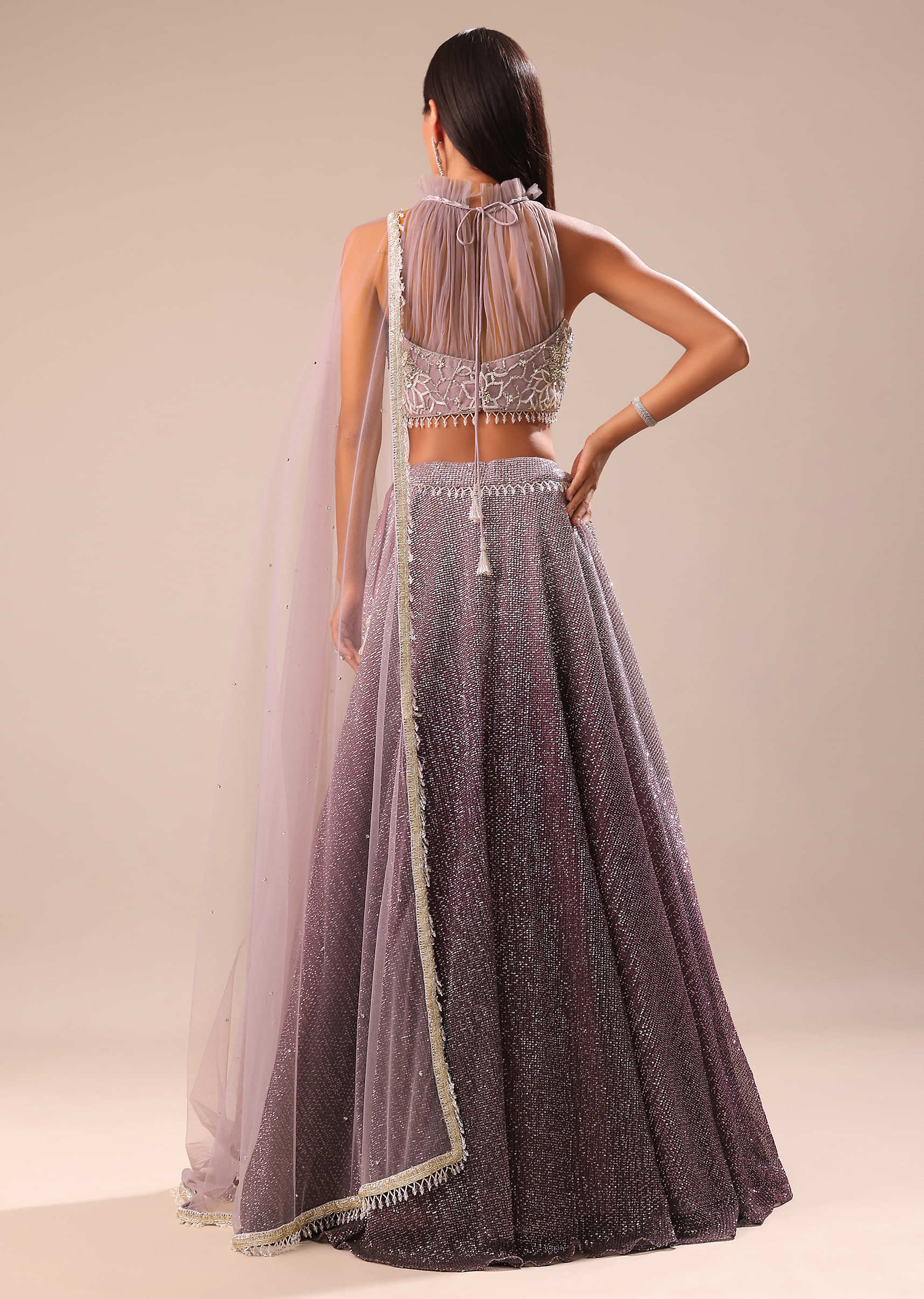Purple Ombre Sequin Lehenga With Ruched Halter Blouse - Image 5