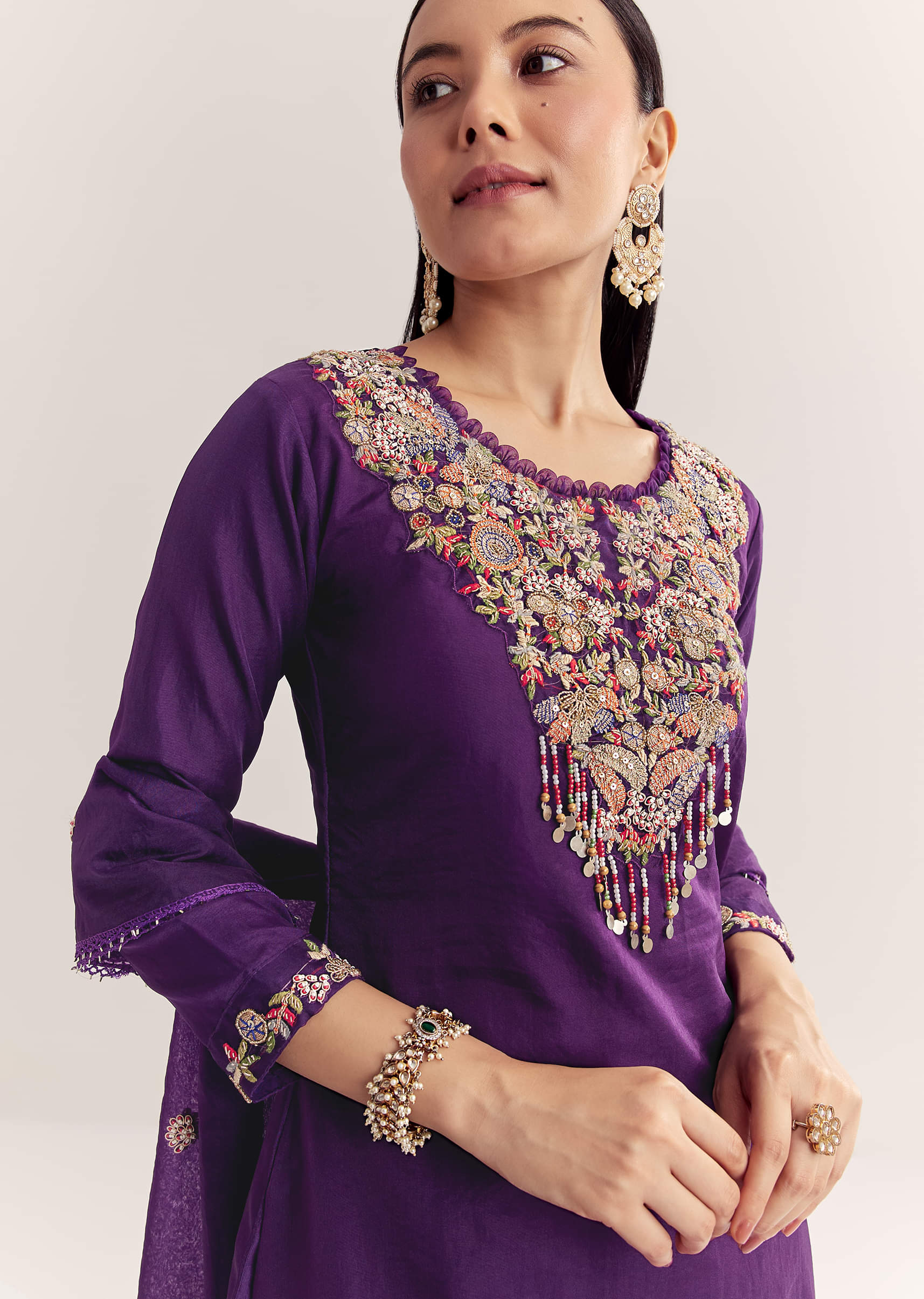 Purple Organza Embroidered Kurta Set With Dupatta - Image 2