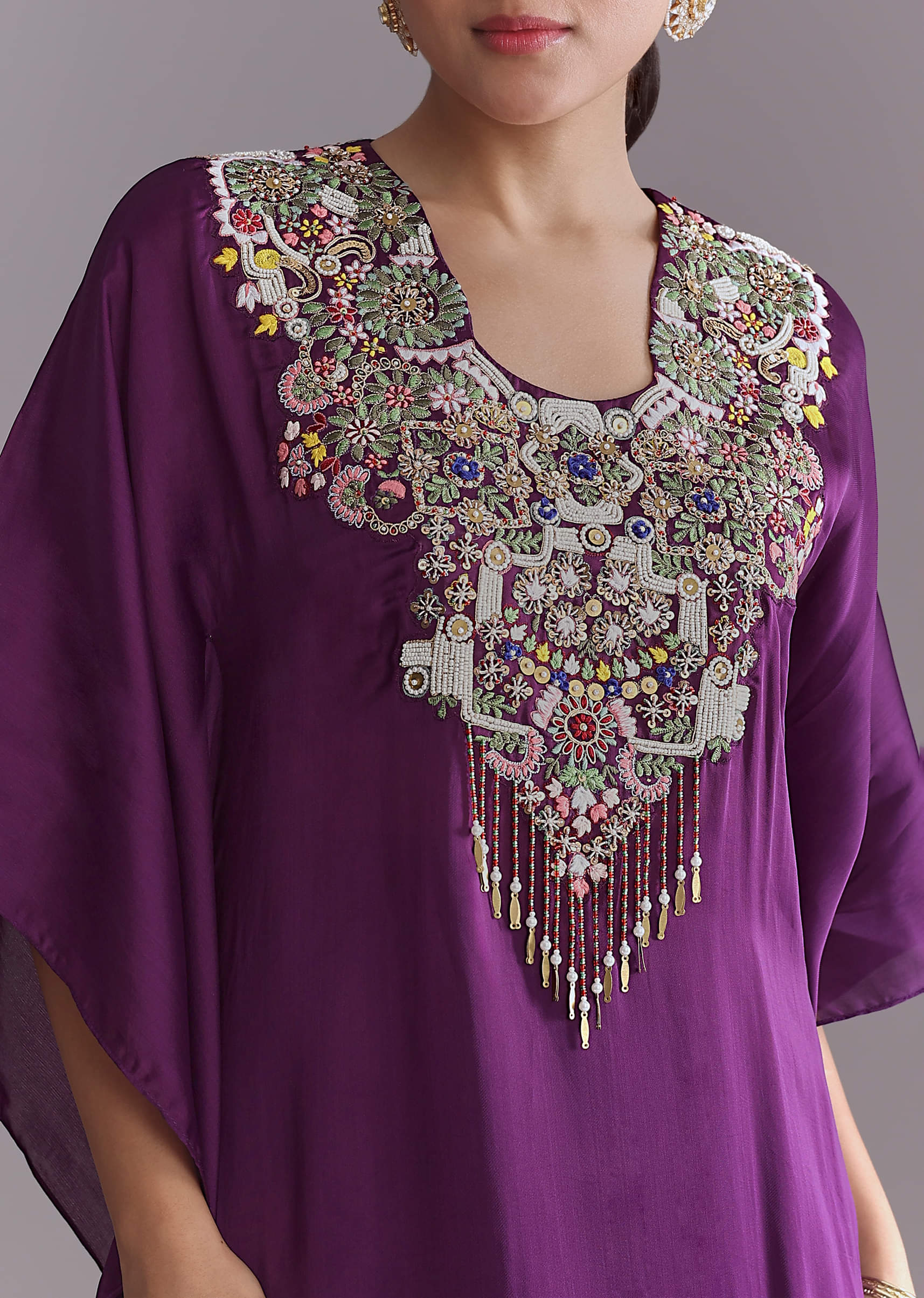 Purple Organza Kaftan Top And Drape Skirt Set With Thread Work - Image 2