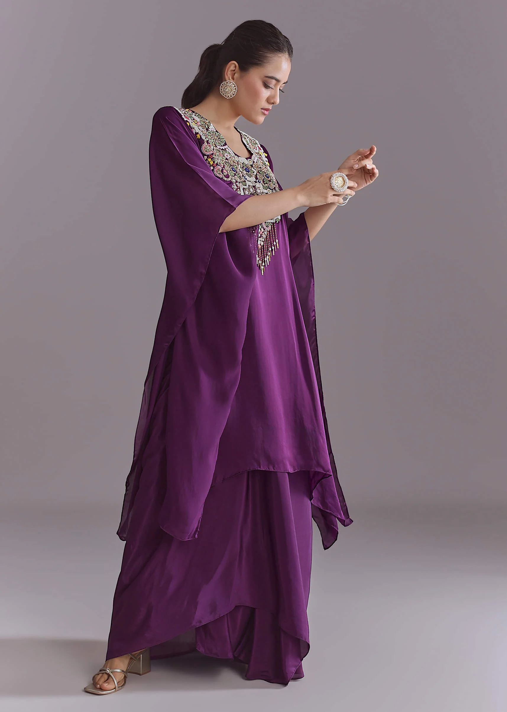 Purple Organza Kaftan Top And Drape Skirt Set With Thread Work - Image 3