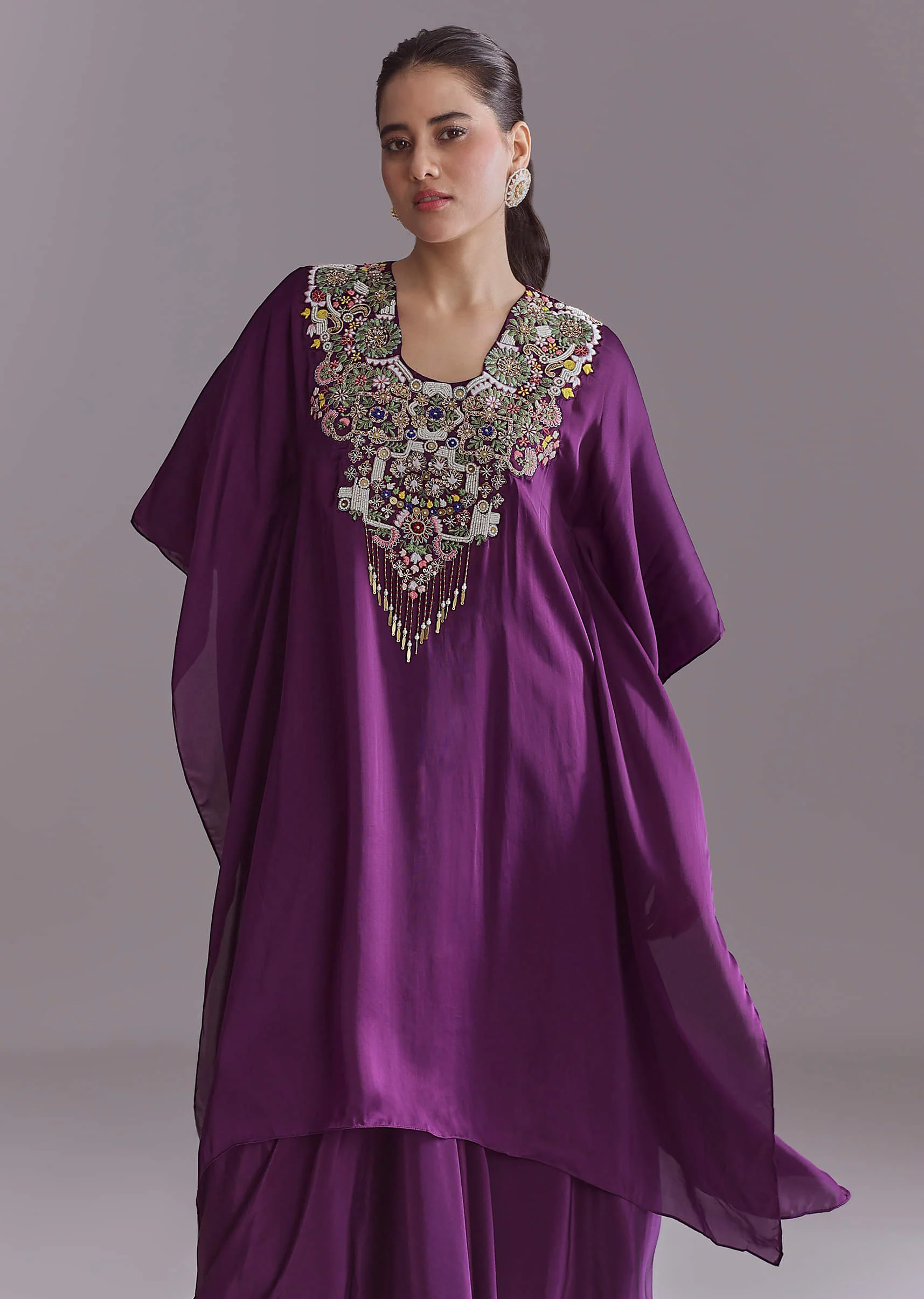 Purple Organza Kaftan Top And Drape Skirt Set With Thread Work - Image 4