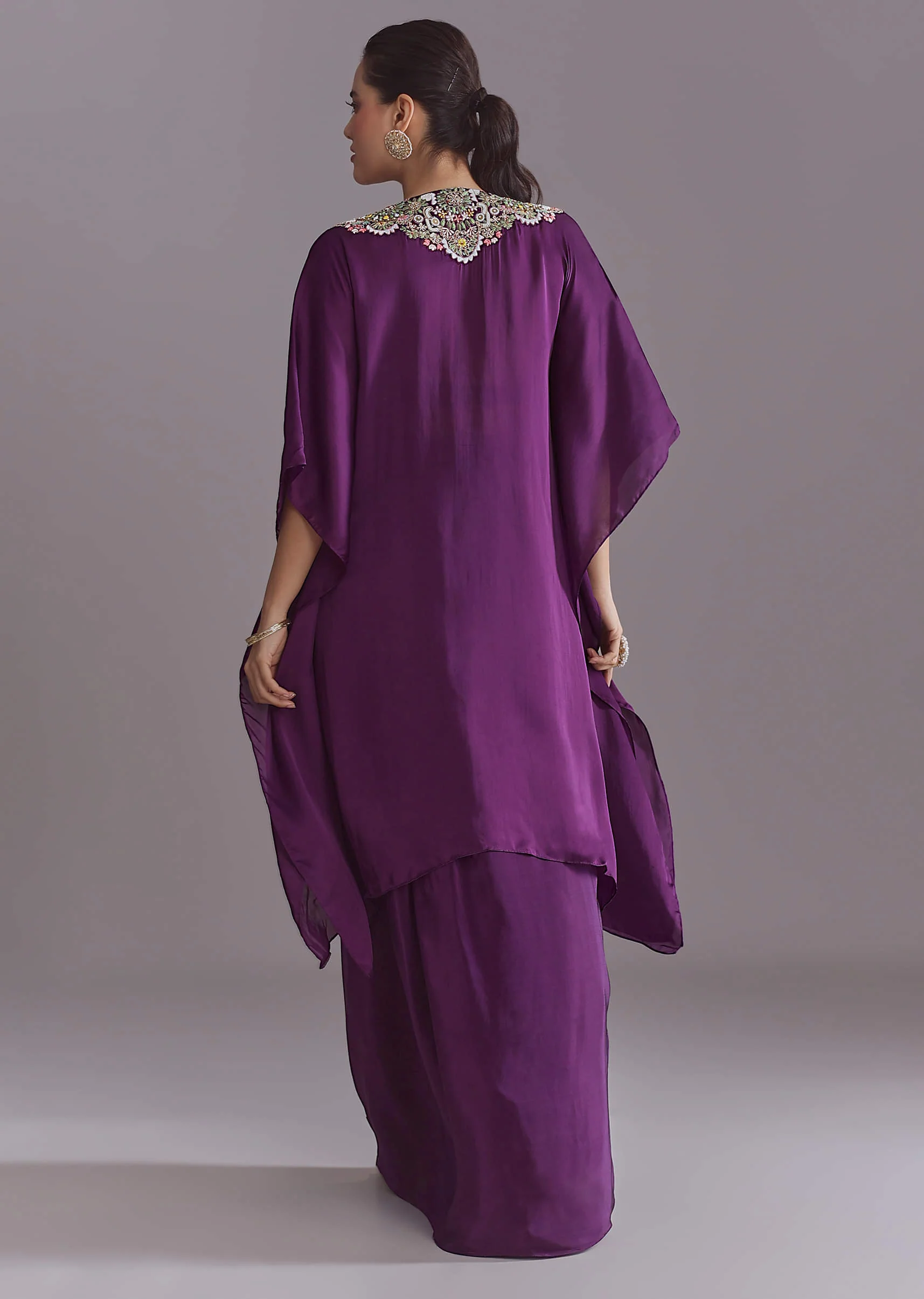 Purple Organza Kaftan Top And Drape Skirt Set With Thread Work - Image 5
