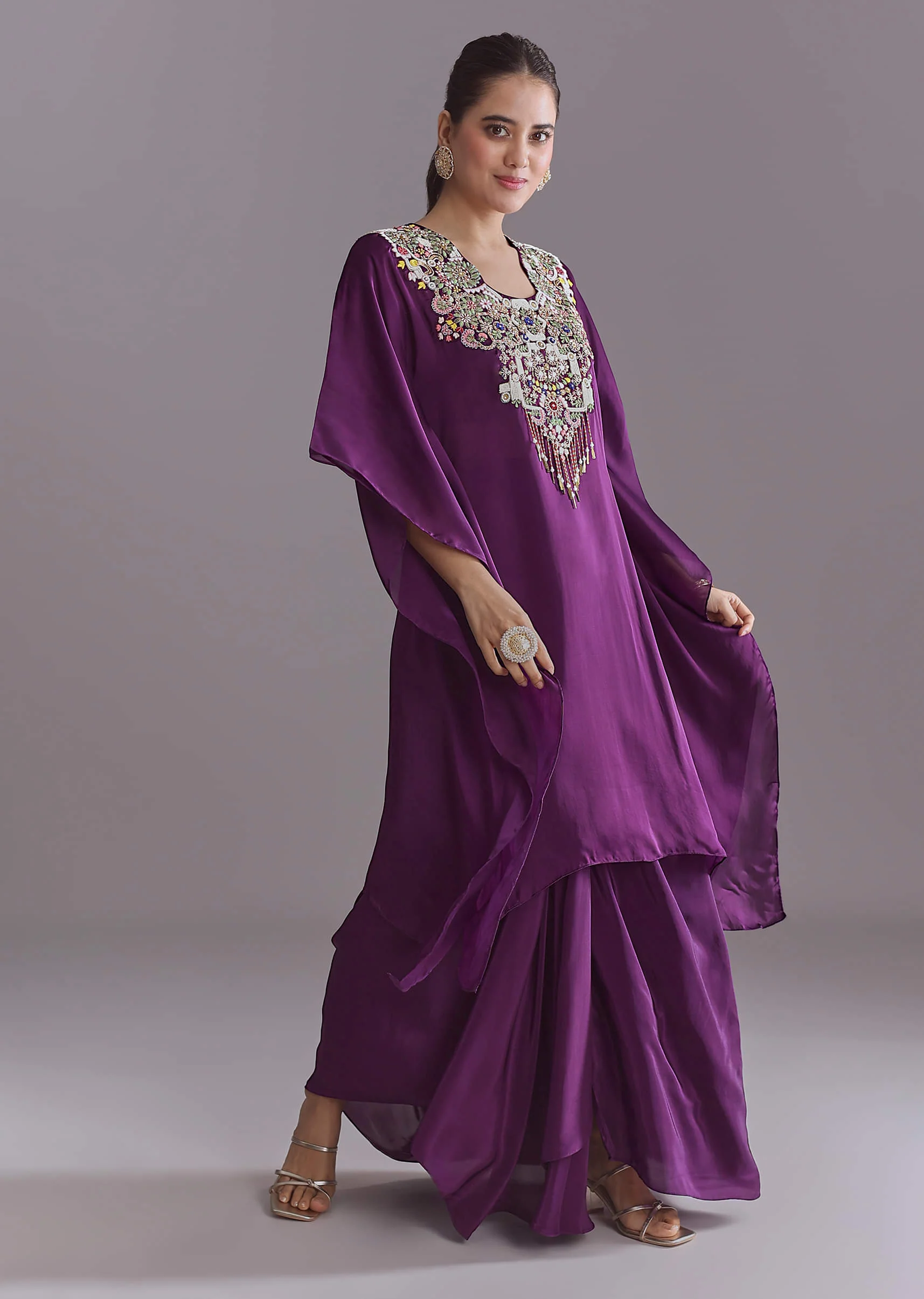 Purple Organza Kaftan Top And Drape Skirt Set With Thread Work - Image 6