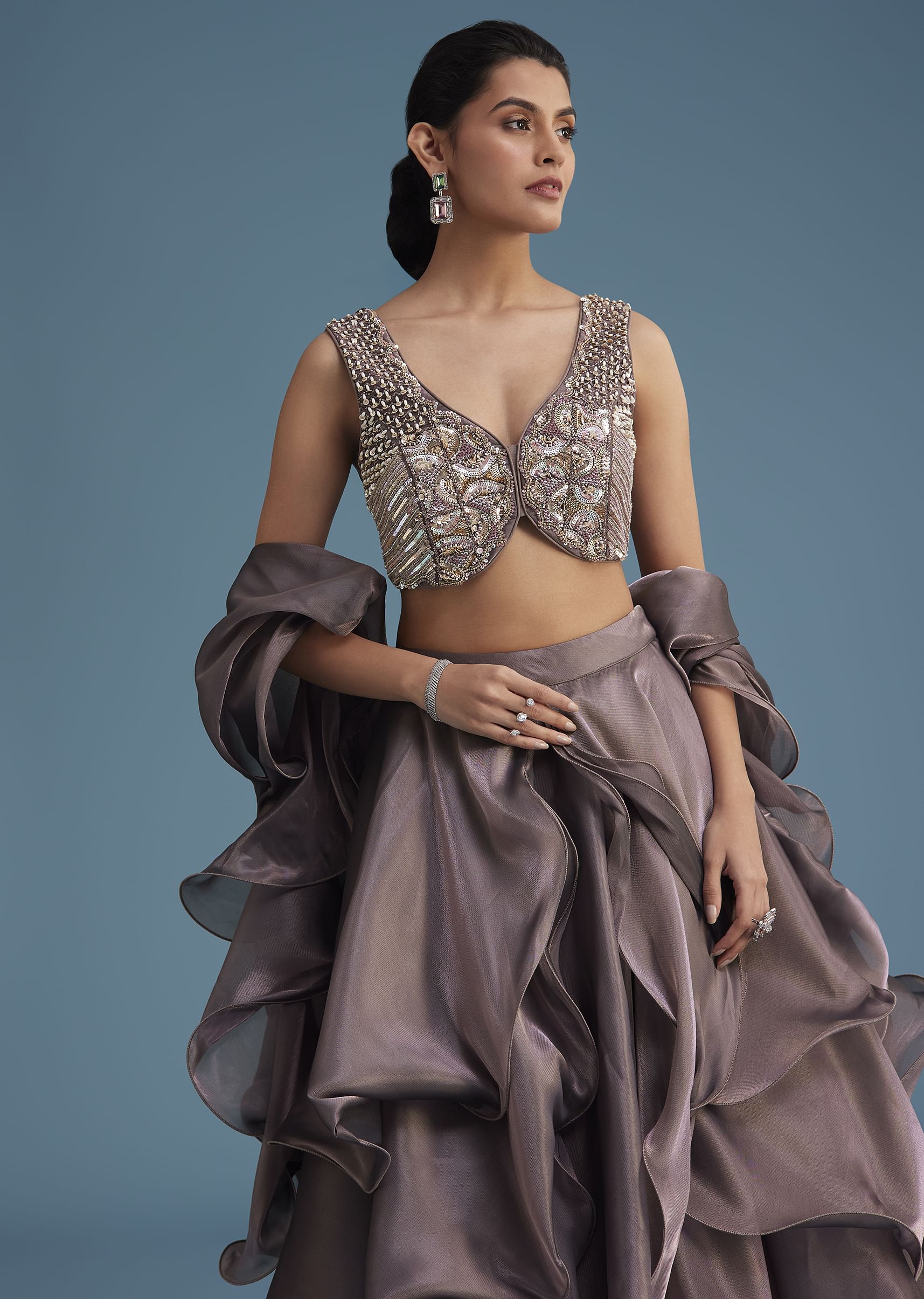Purple Organza Ruffle Lehenga Set With Embellished Blouse - Image 2