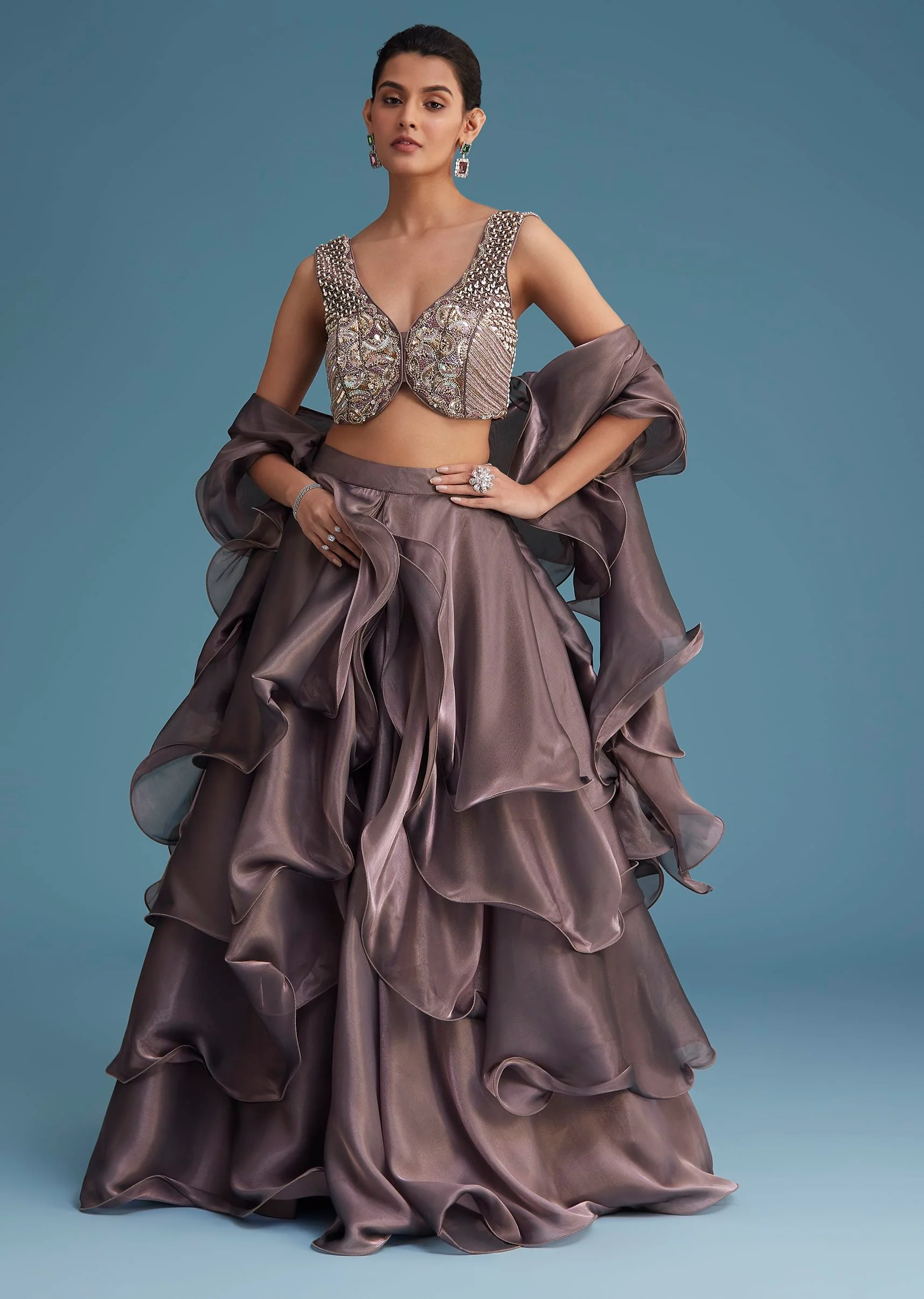 Purple Organza Ruffle Lehenga Set With Embellished Blouse - Image 3