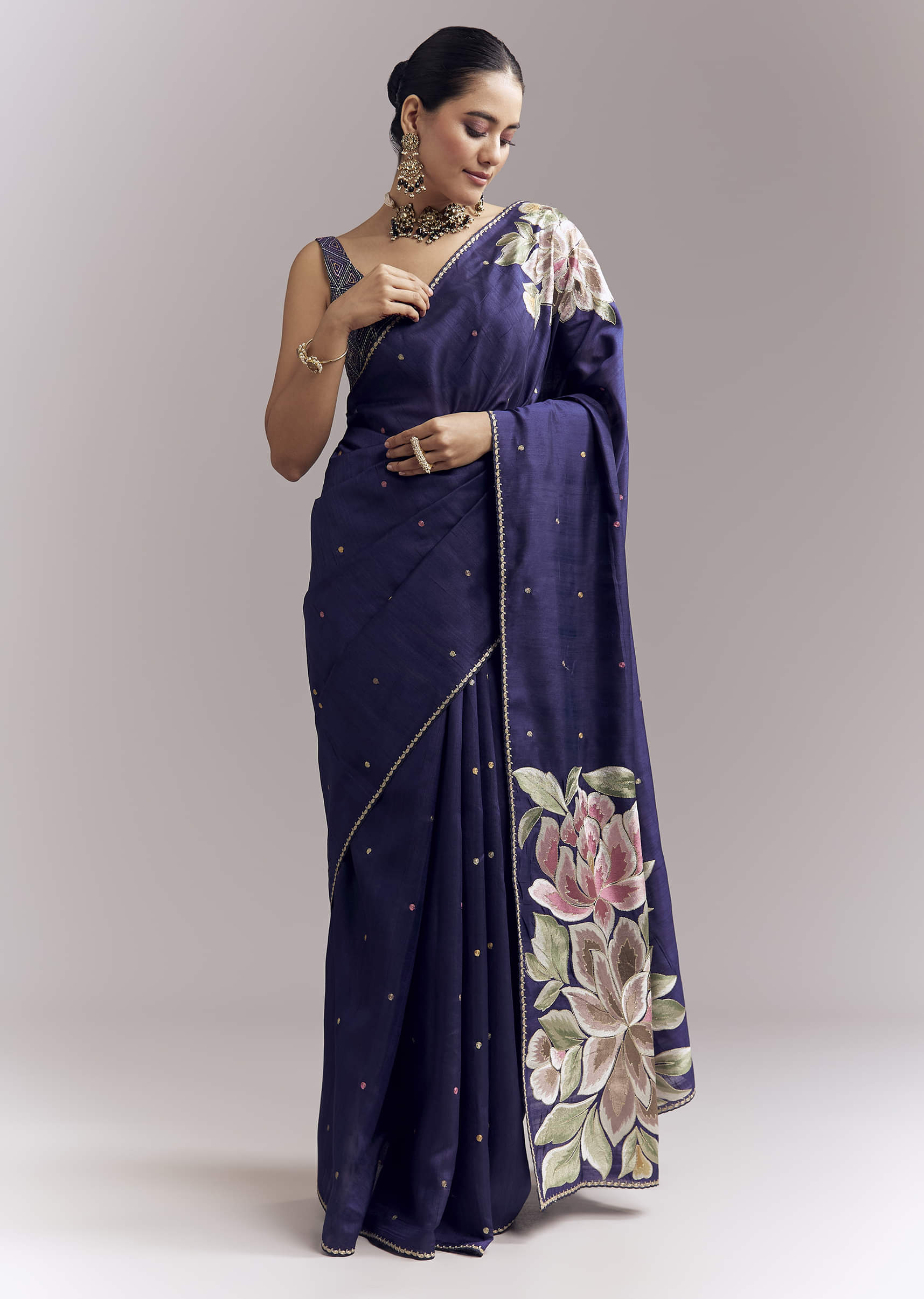 Purple Organza Silk Saree With Floral Embroidery And Cutwork - Image 3
