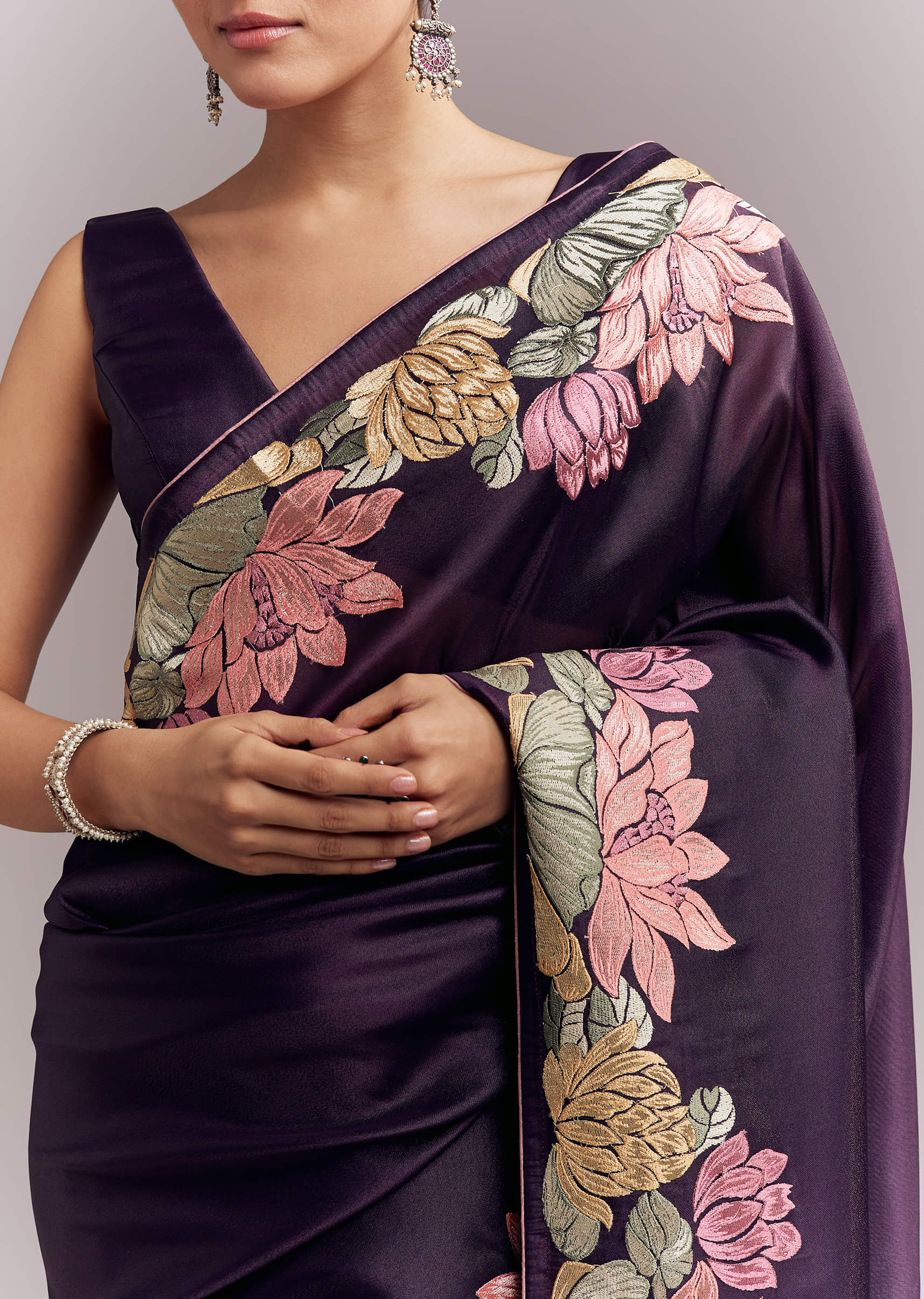 Purple Organza Silk Saree With Floral Resham Embroidery And Cutwork - Image 2