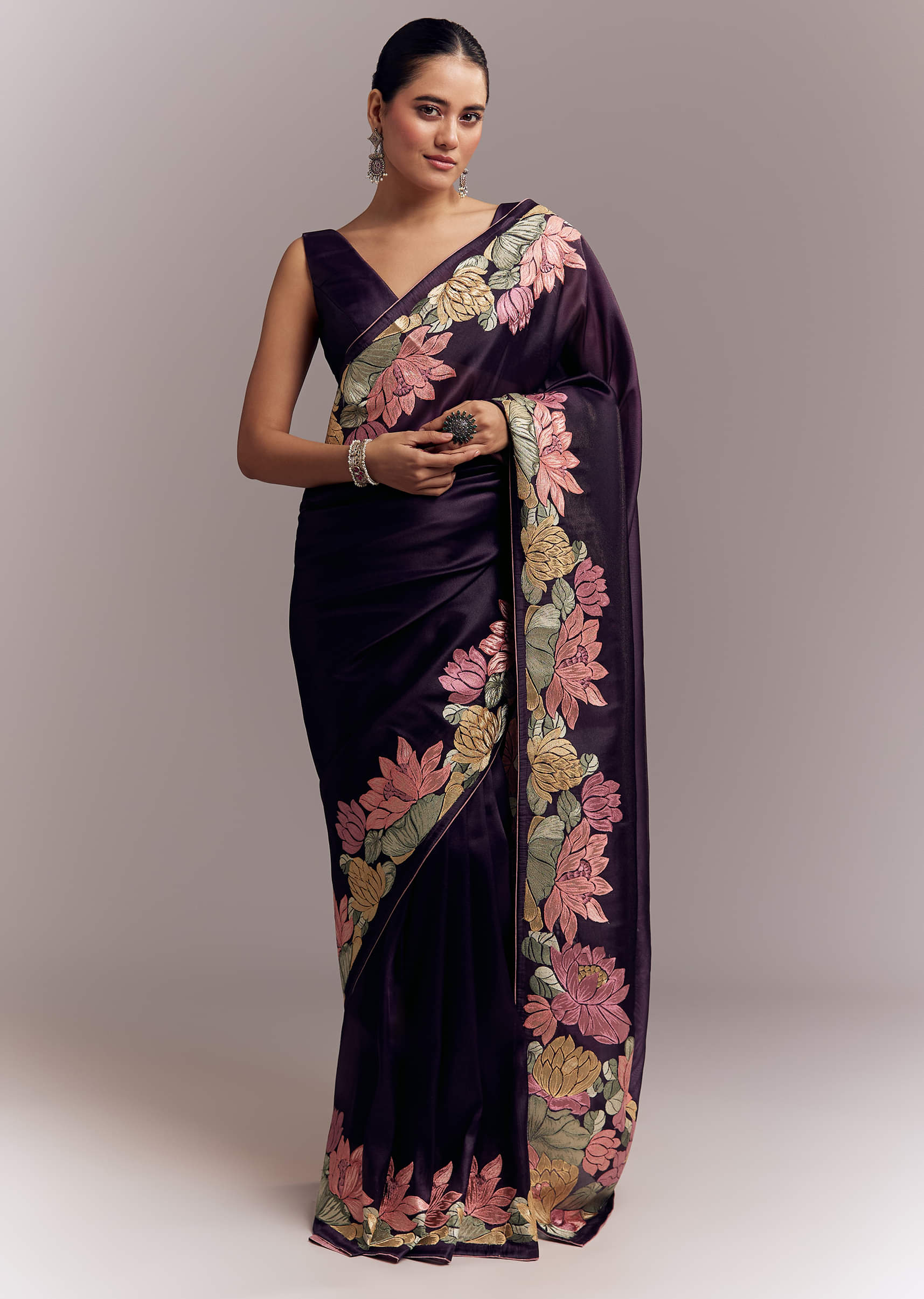 Purple Organza Silk Saree With Floral Resham Embroidery And Cutwork - Image 3