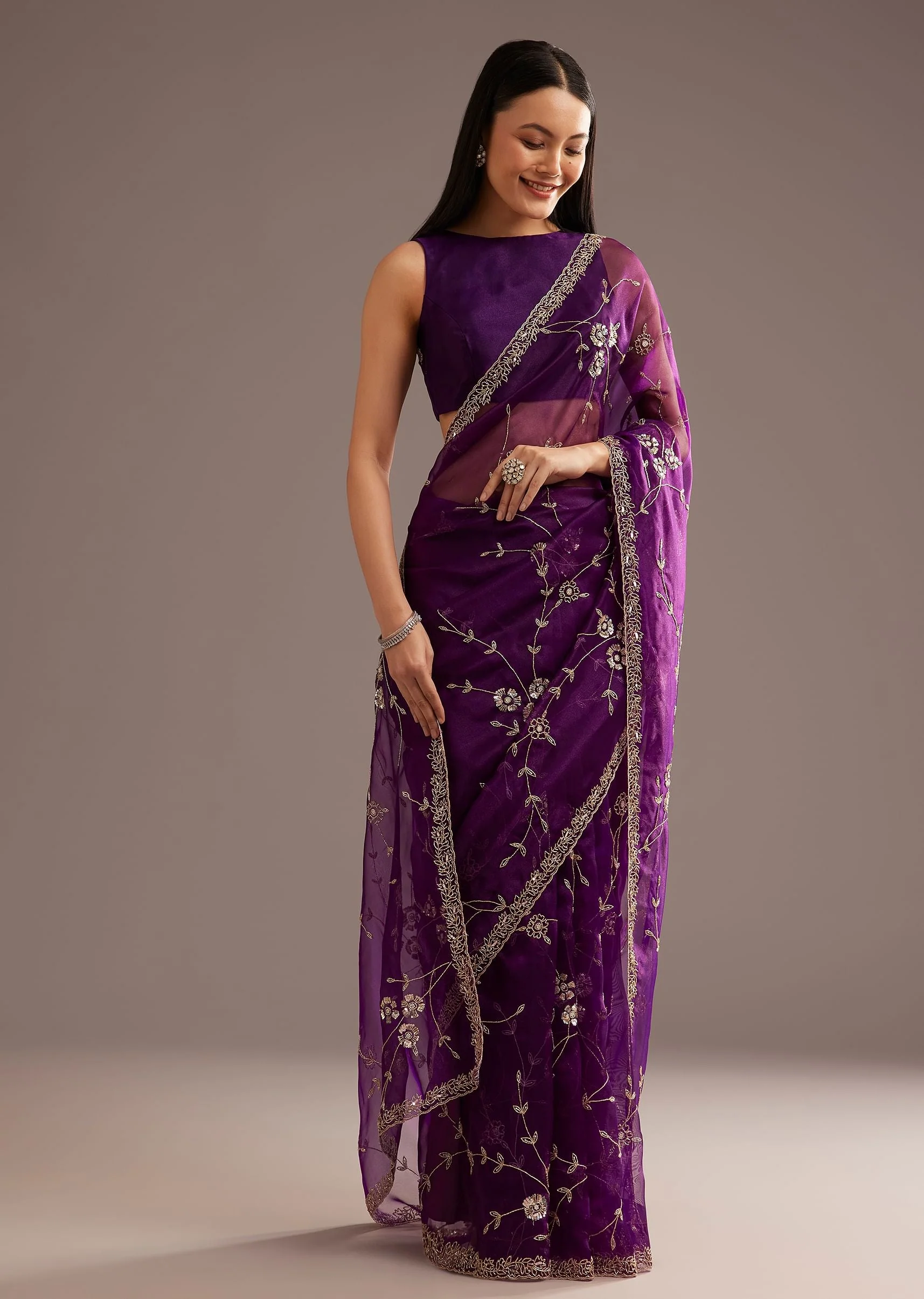 Purple Organza Tissue Ready To Wear Saree With Sequins And Cutdana Jaal