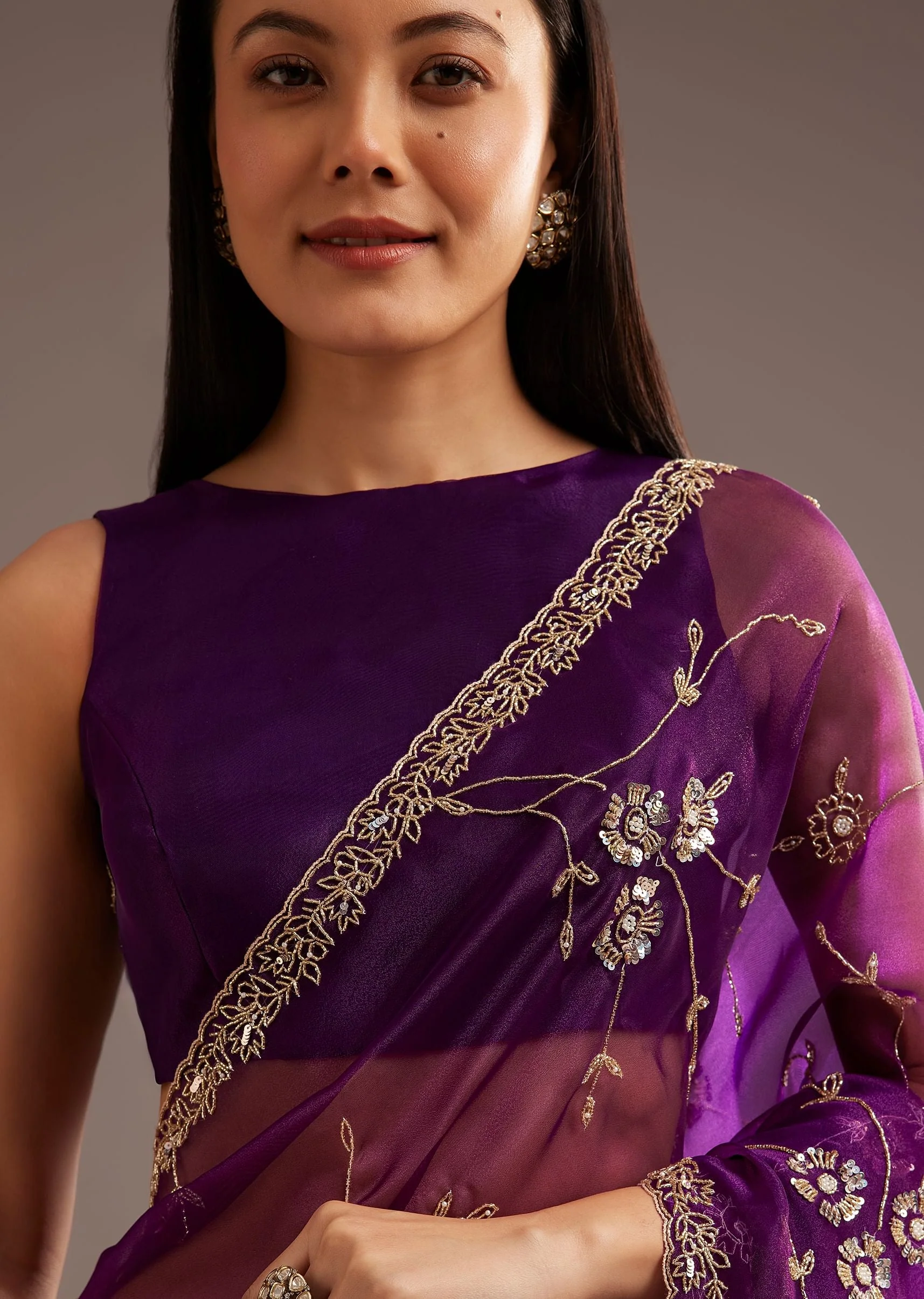 Purple Organza Tissue Ready To Wear Saree With Sequins And Cutdana Jaal - Image 2