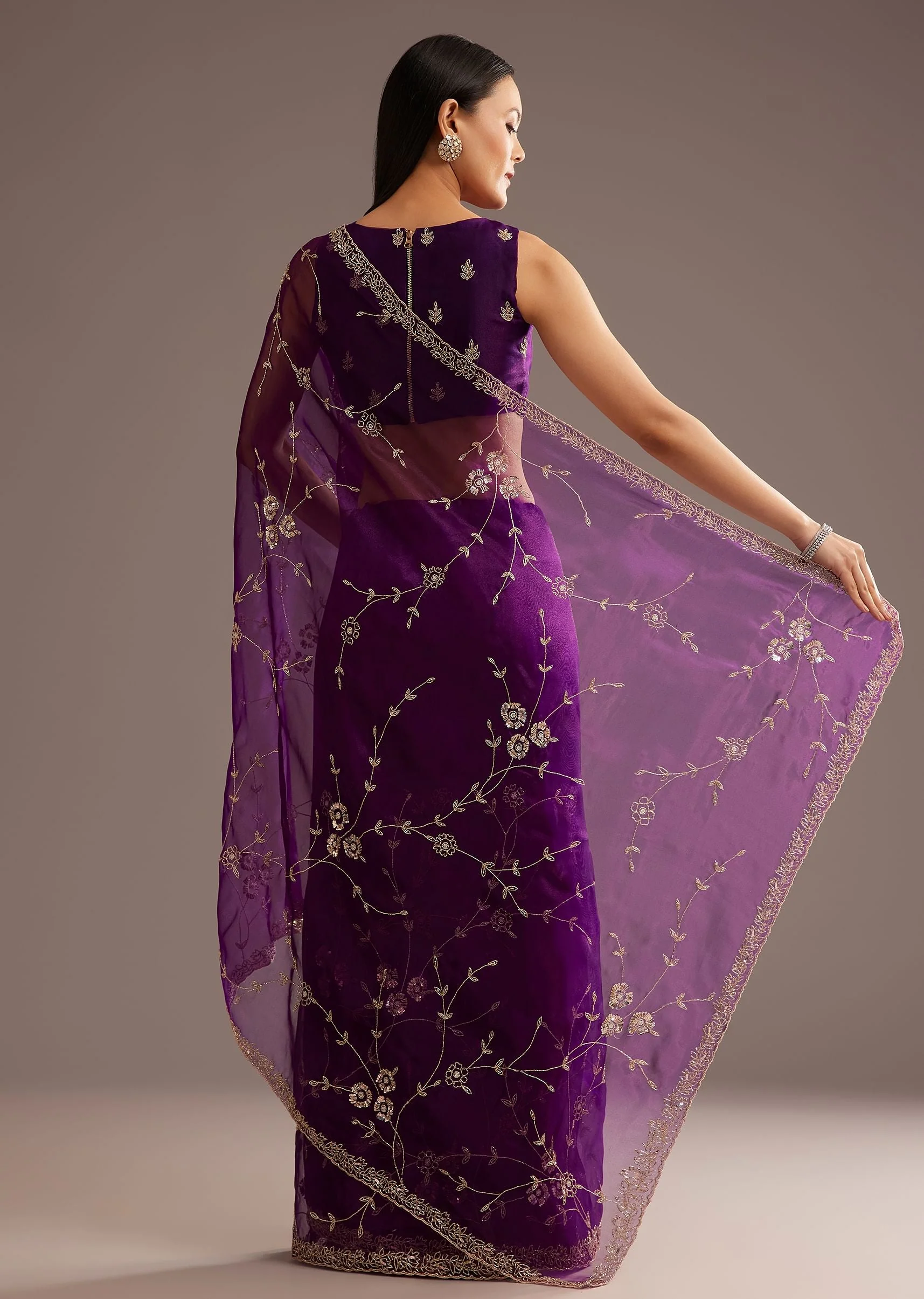 Purple Organza Tissue Ready To Wear Saree With Sequins And Cutdana Jaal - Image 6