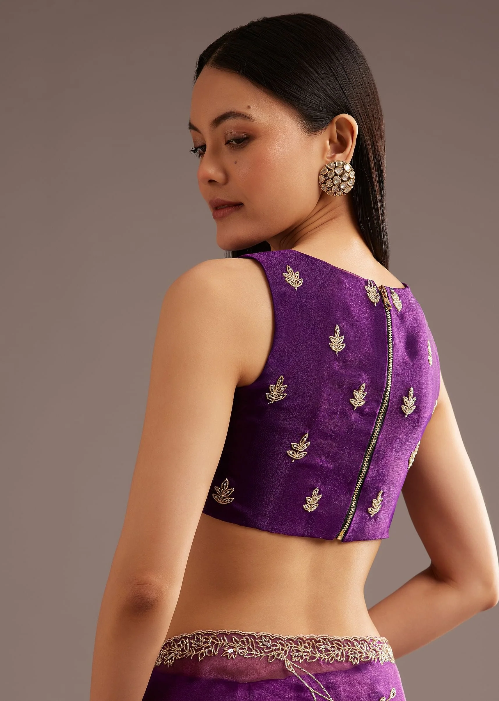 Purple Organza Tissue Ready To Wear Saree With Sequins And Cutdana Jaal - Image 8