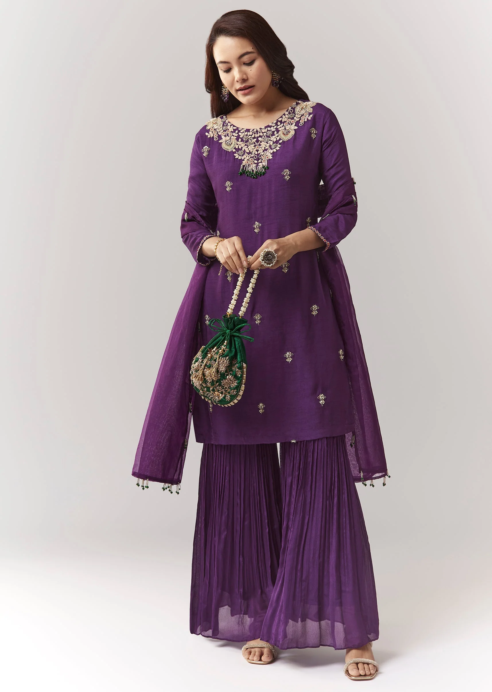Purple Pakistani Style Sharara Set With Dupatta - Image 3