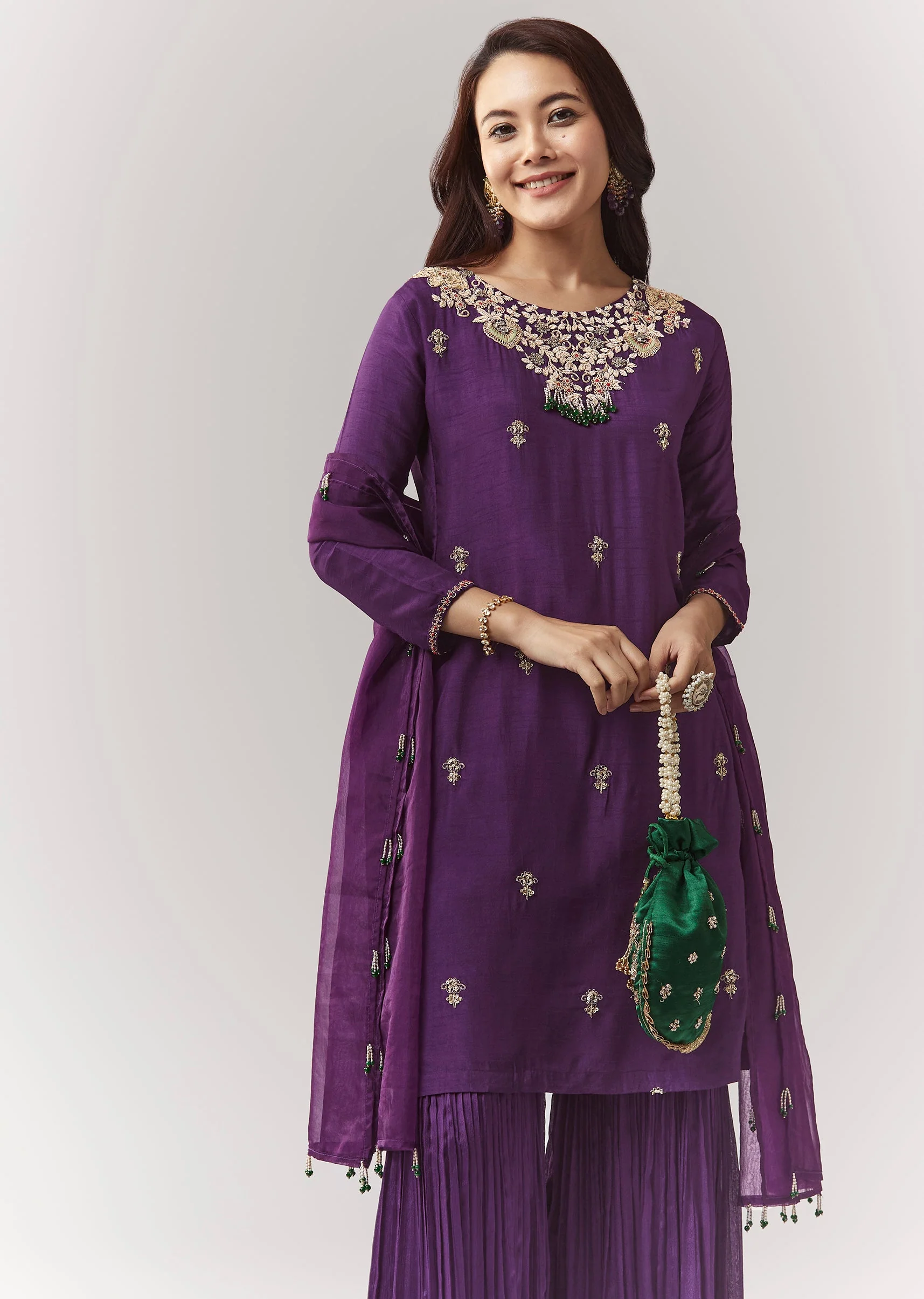 Purple Pakistani Style Sharara Set With Dupatta - Image 4
