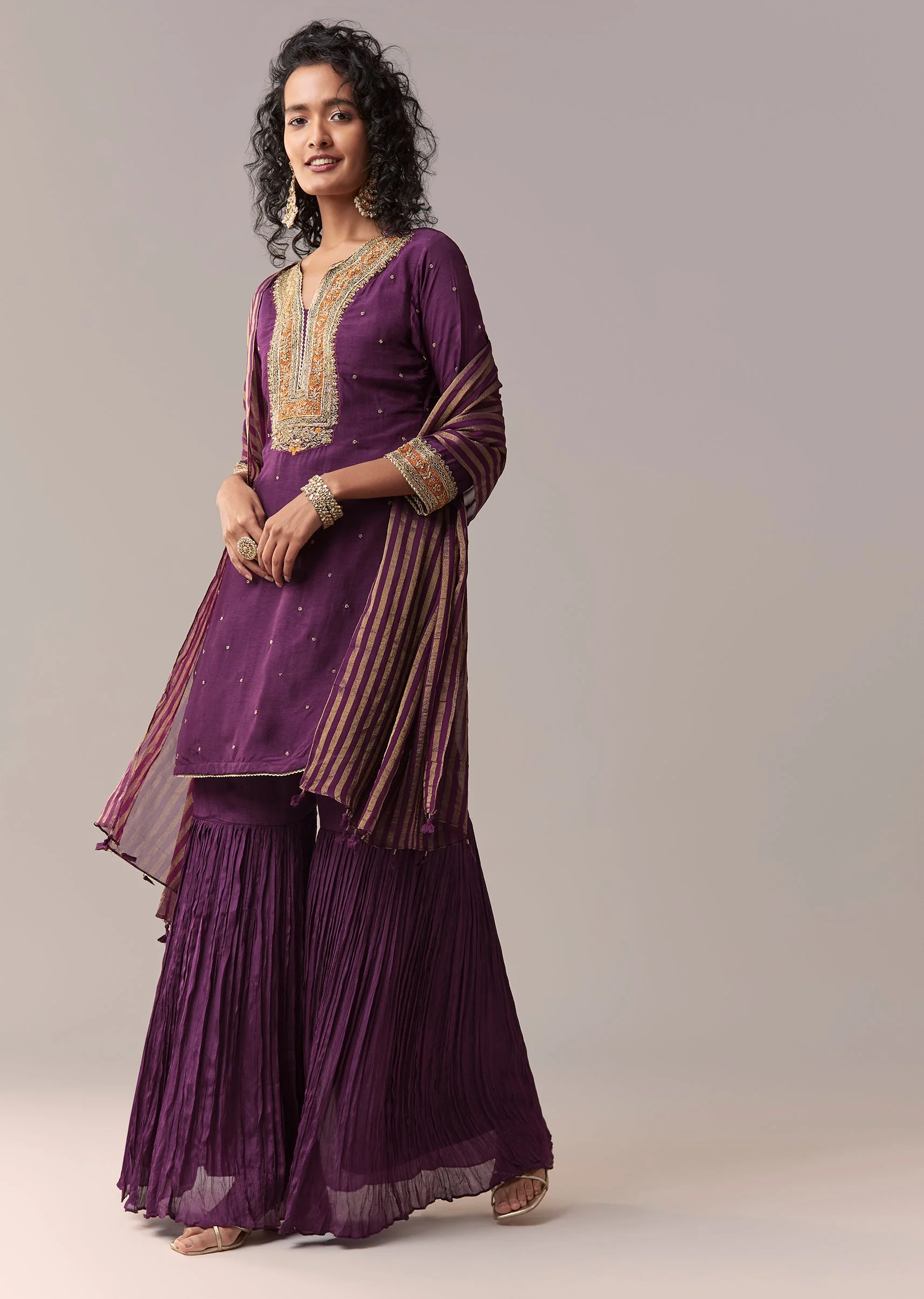 Purple Pakistani-Style Zardosi Sharara Set With Dupatta - Image 3