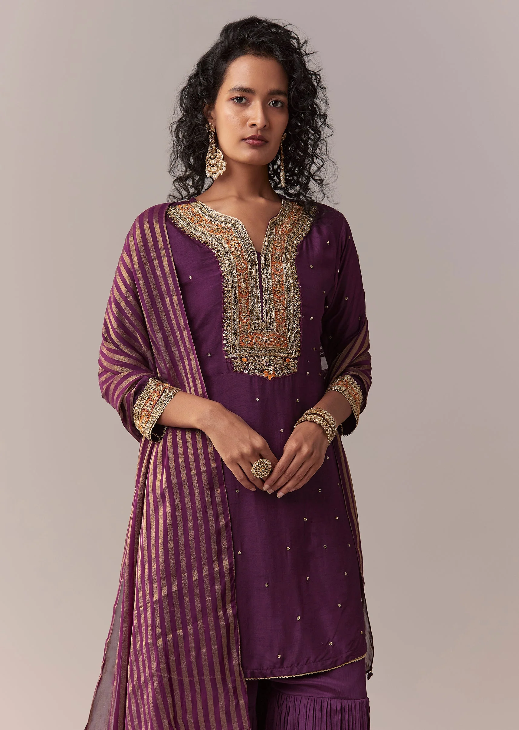 Purple Pakistani-Style Zardosi Sharara Set With Dupatta - Image 4