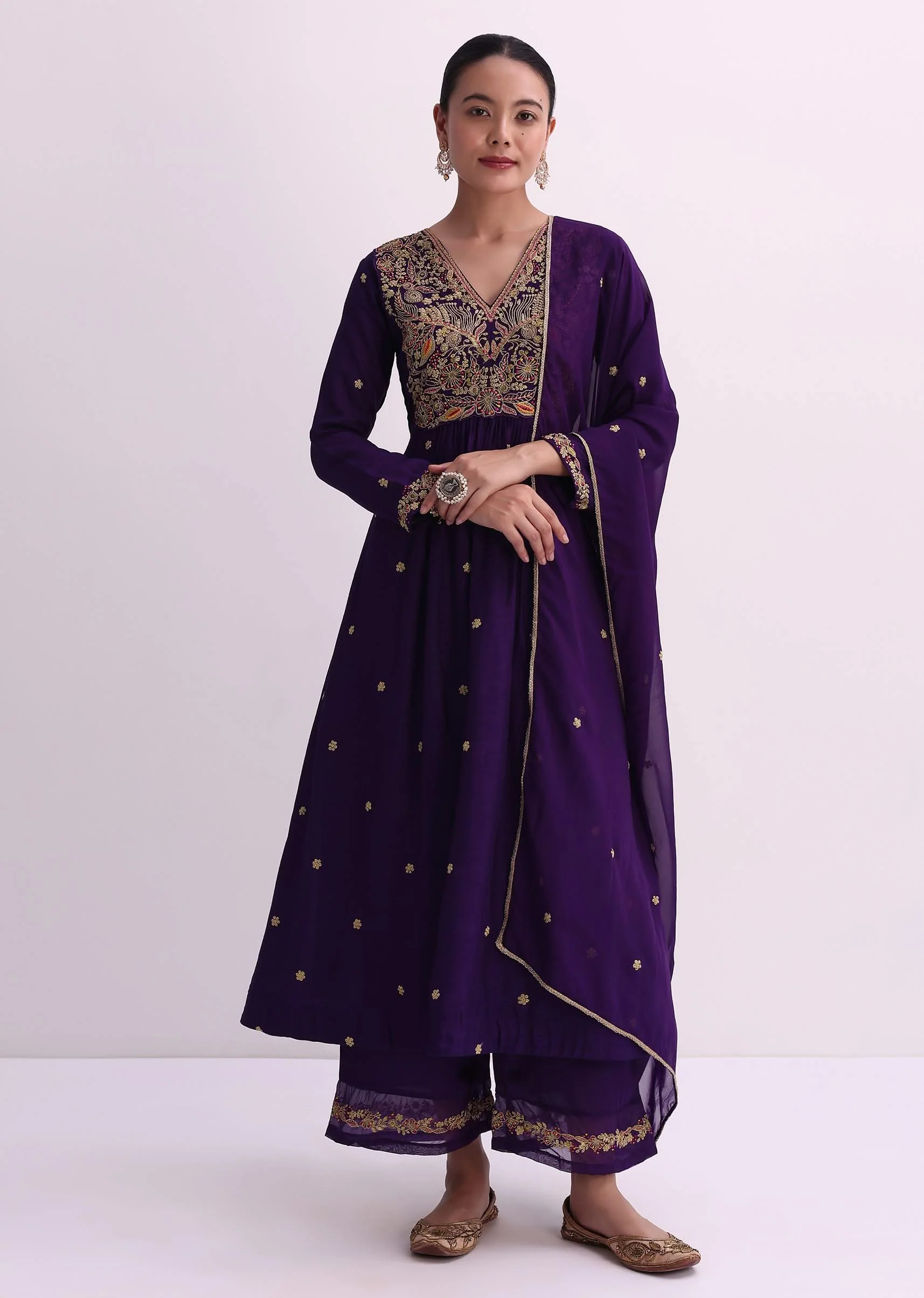 Purple Palazzo Set With Zari Embroidered A-Line Kurta And Dupatta