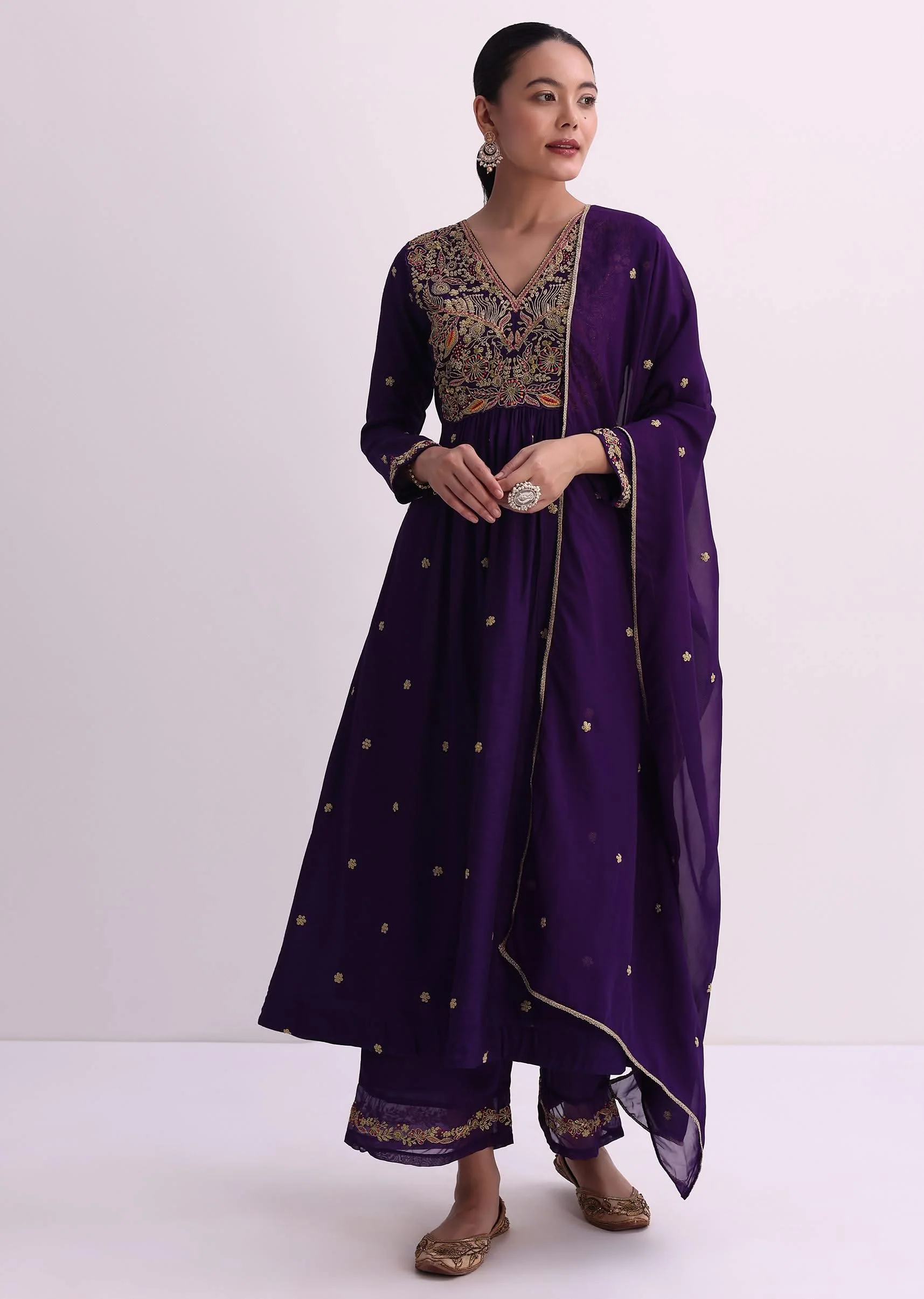 Purple Palazzo Set With Zari Embroidered A-Line Kurta And Dupatta - Image 3