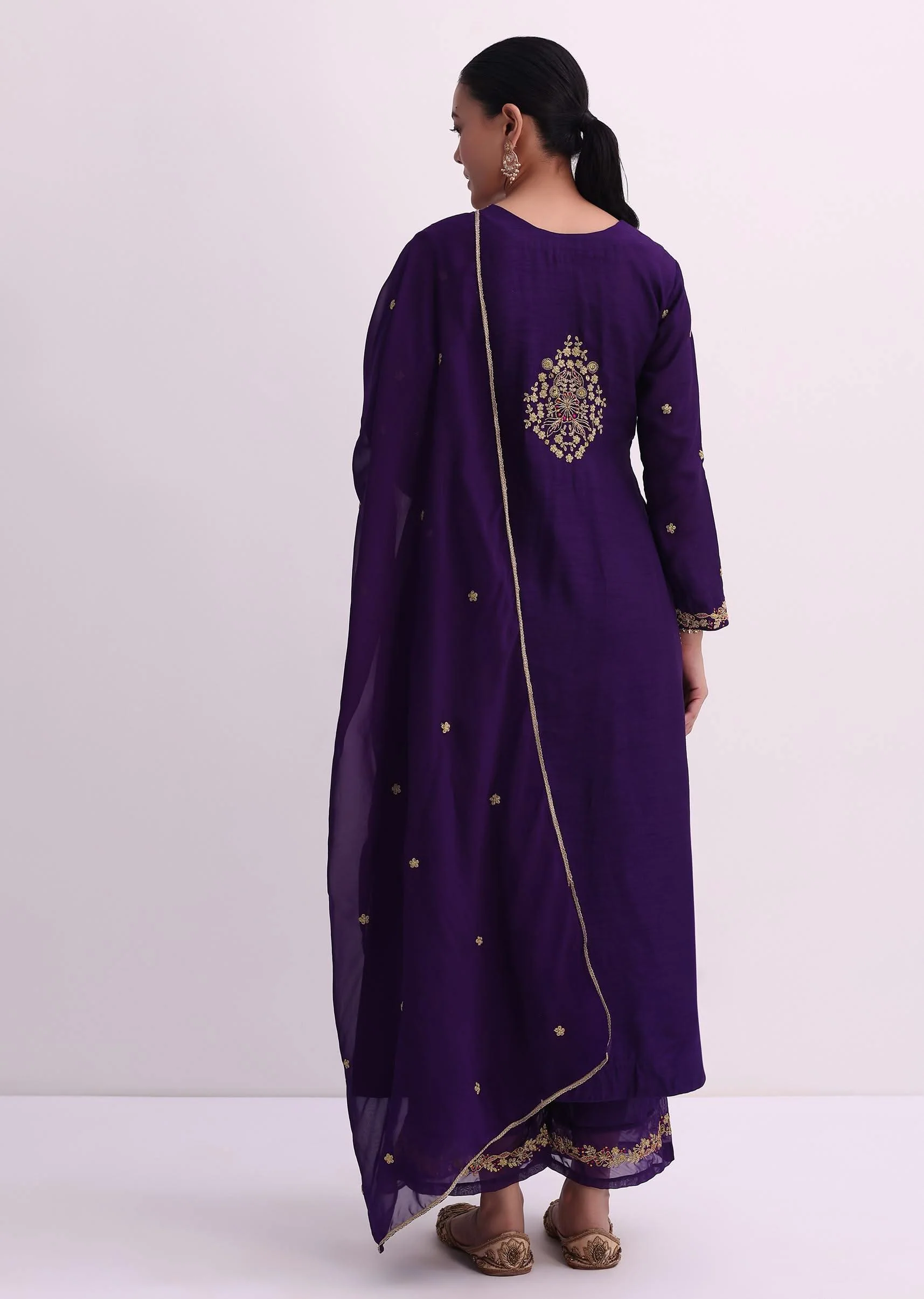 Purple Palazzo Set With Zari Embroidered A-Line Kurta And Dupatta - Image 6