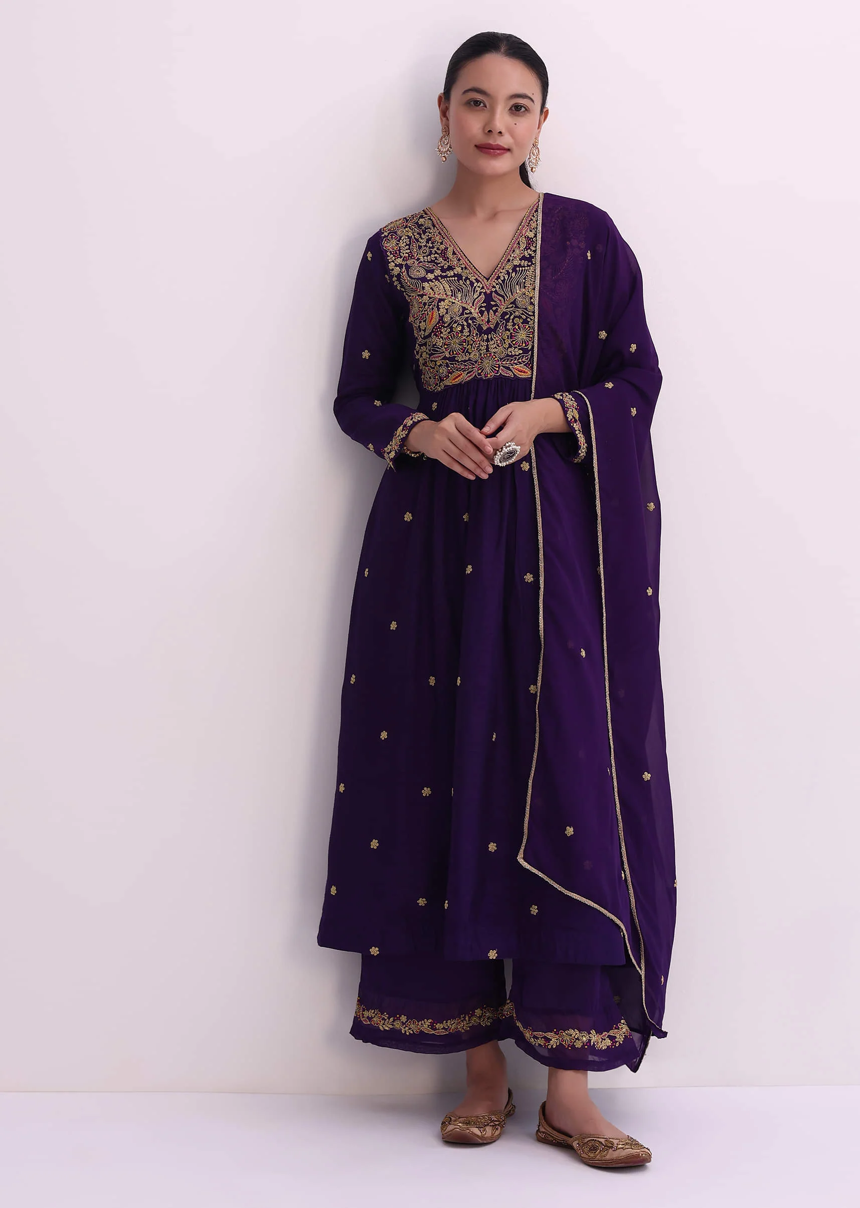 Purple Palazzo Set With Zari Embroidered A-Line Kurta And Dupatta - Image 8