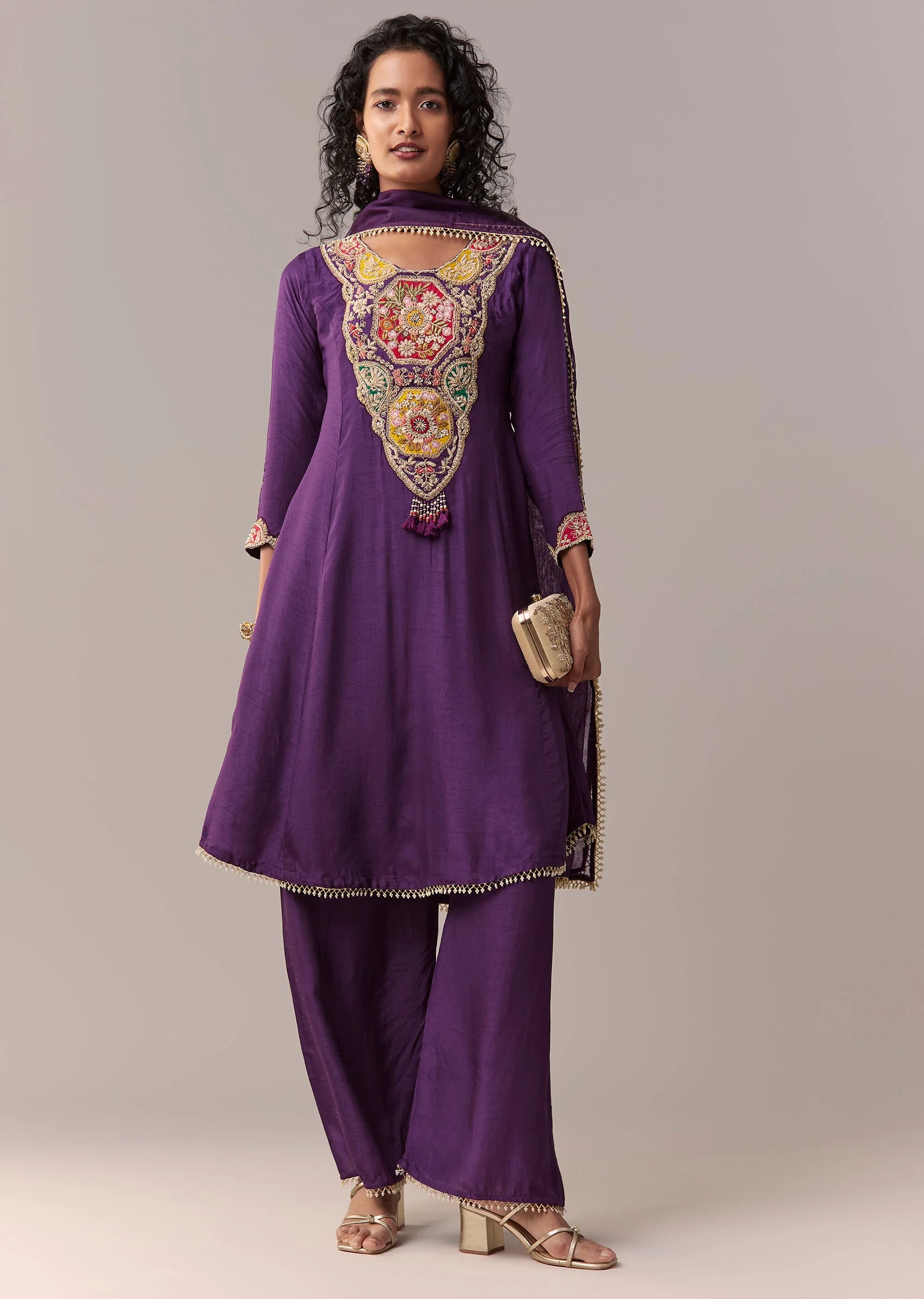 Purple Patchwork Zardosi & Thread Anarkali Set With Dupatta - Image 3