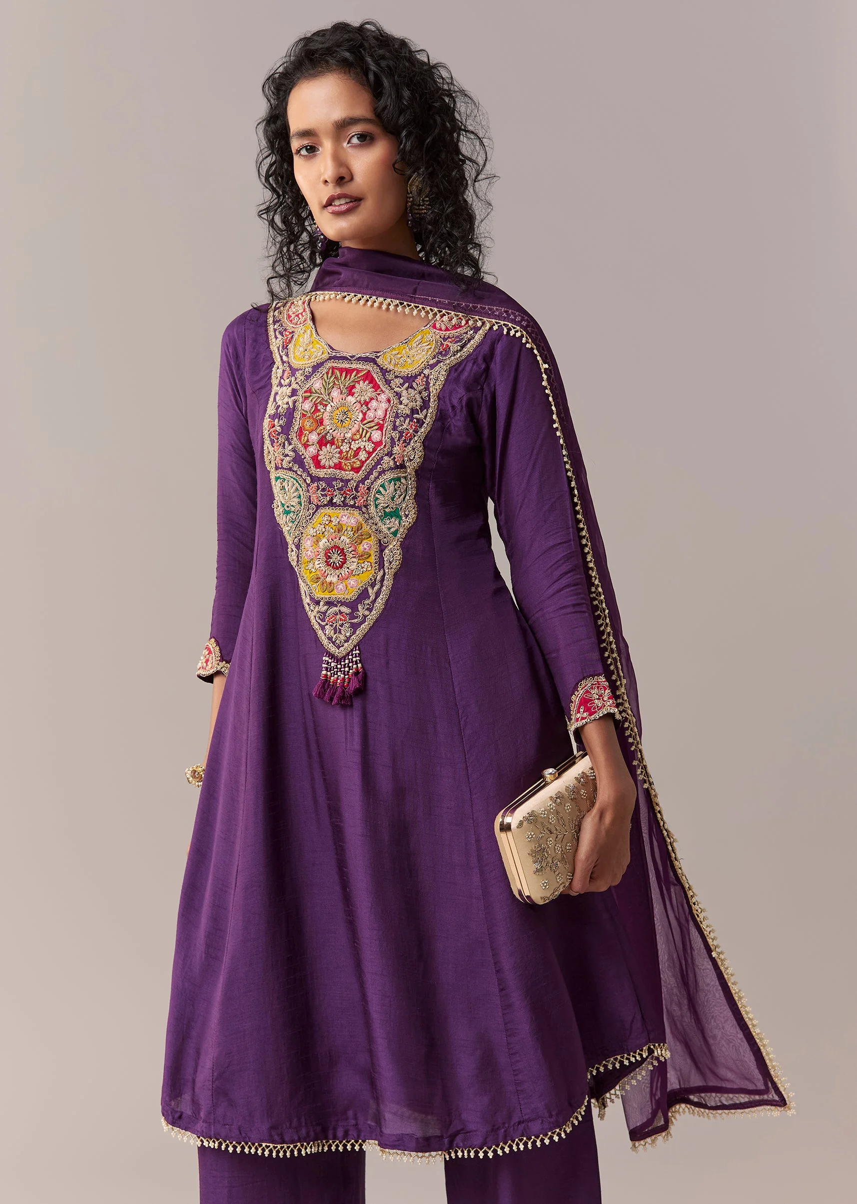 Purple Patchwork Zardosi & Thread Anarkali Set With Dupatta - Image 4