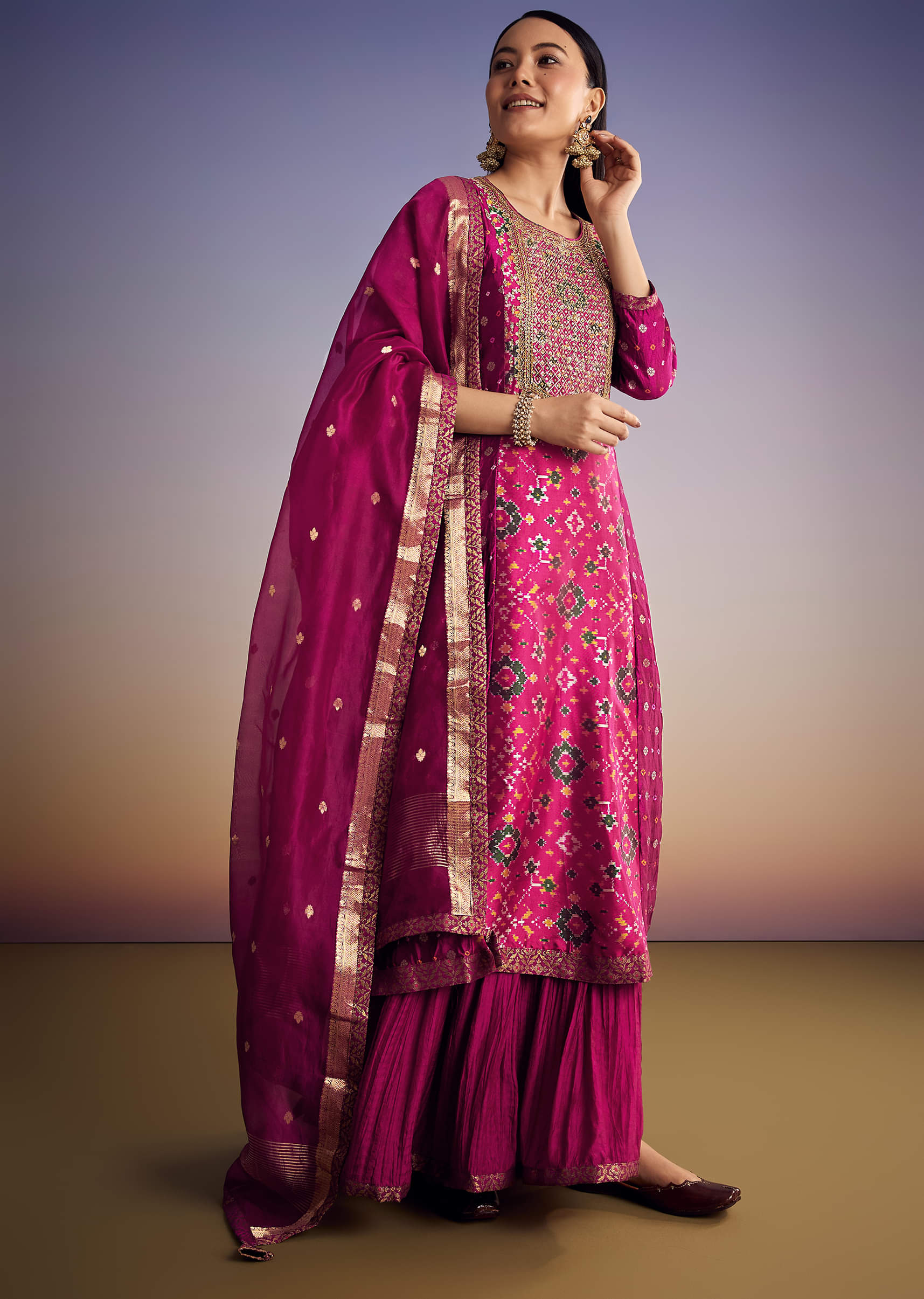 Purple Patola And Bandhani Print Kurta Set With Banarasi Dupatta - Image 3