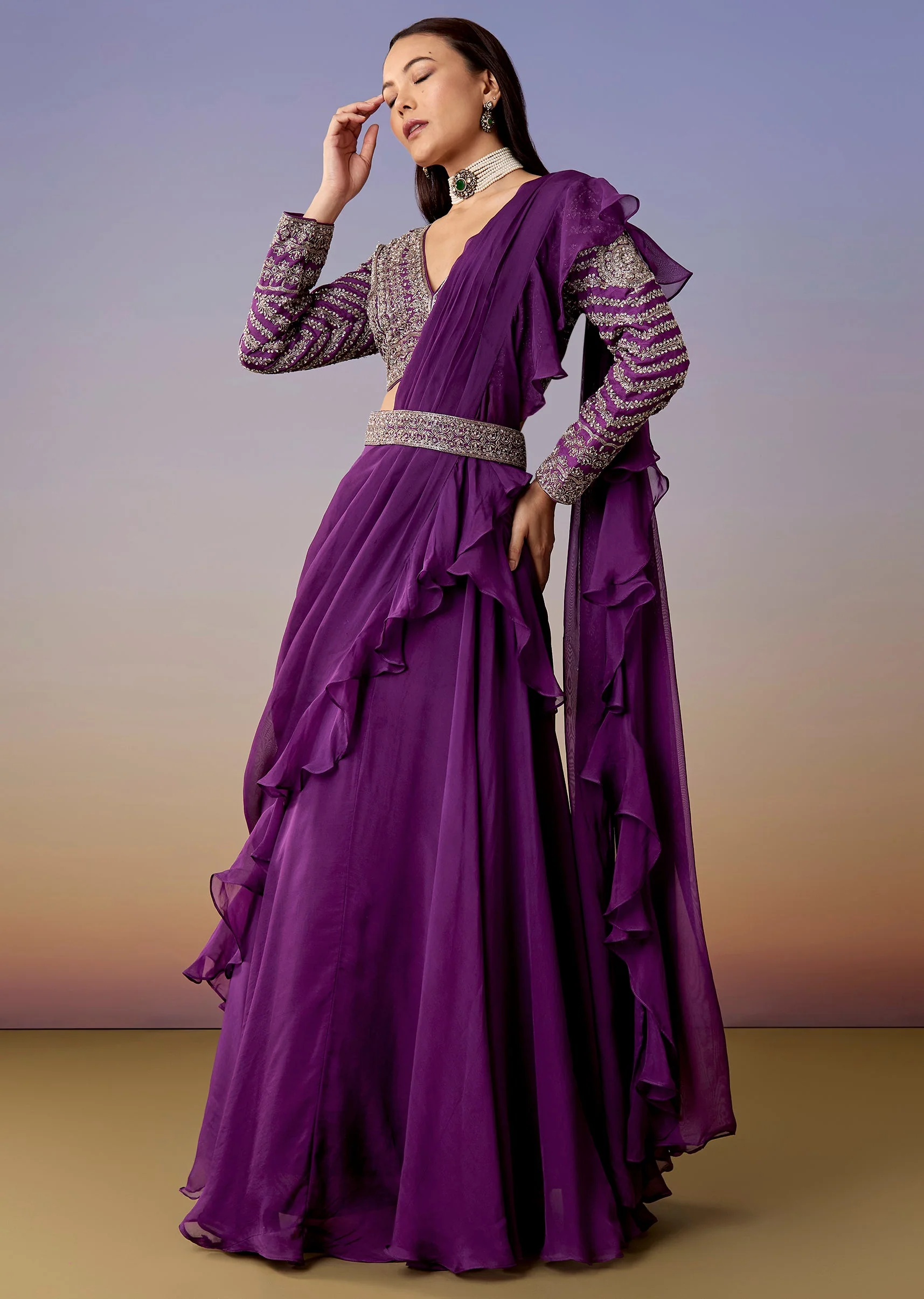 Purple Pre Draped Saree Set With Belt - Image 3