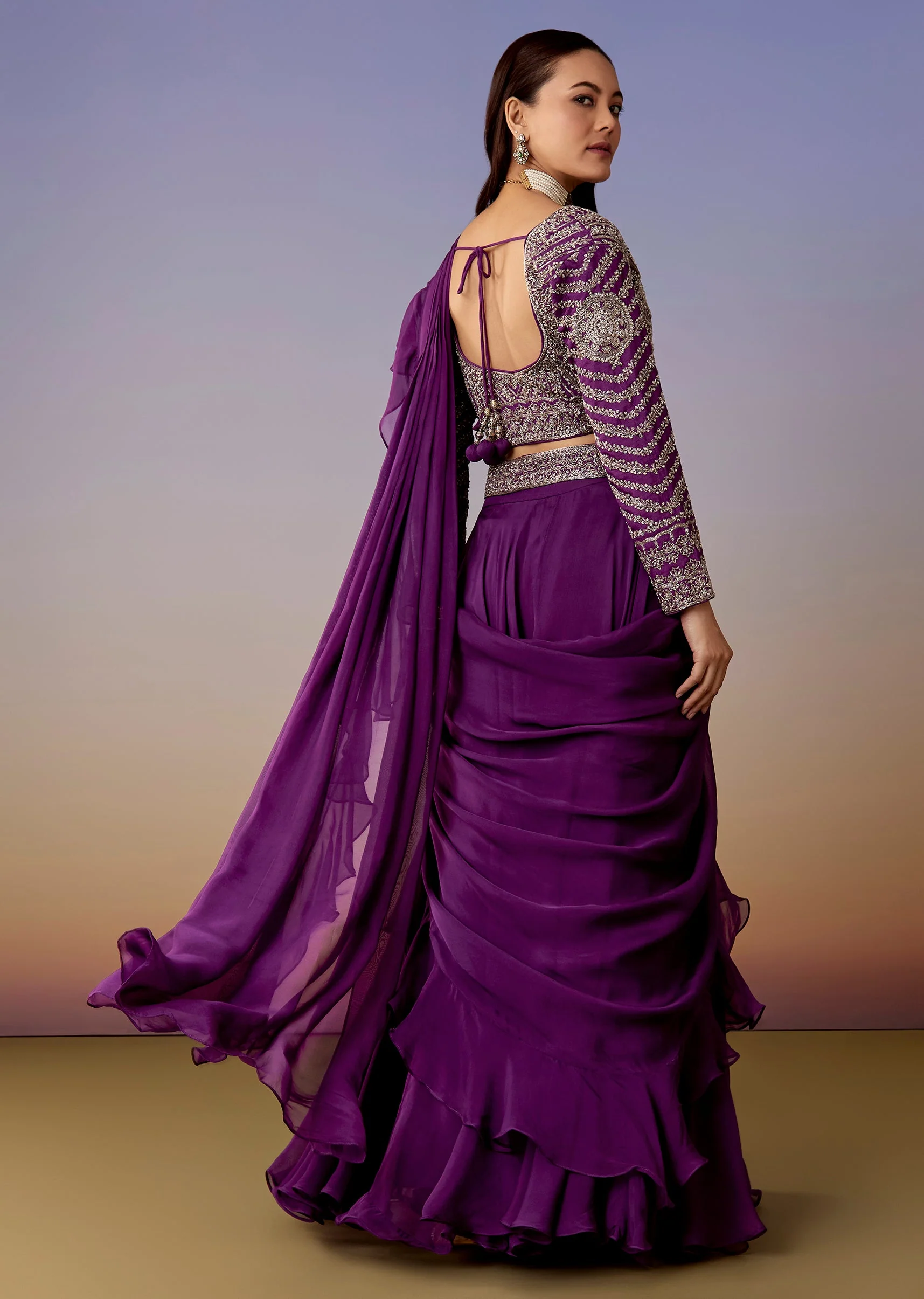 Purple Pre Draped Saree Set With Belt - Image 5