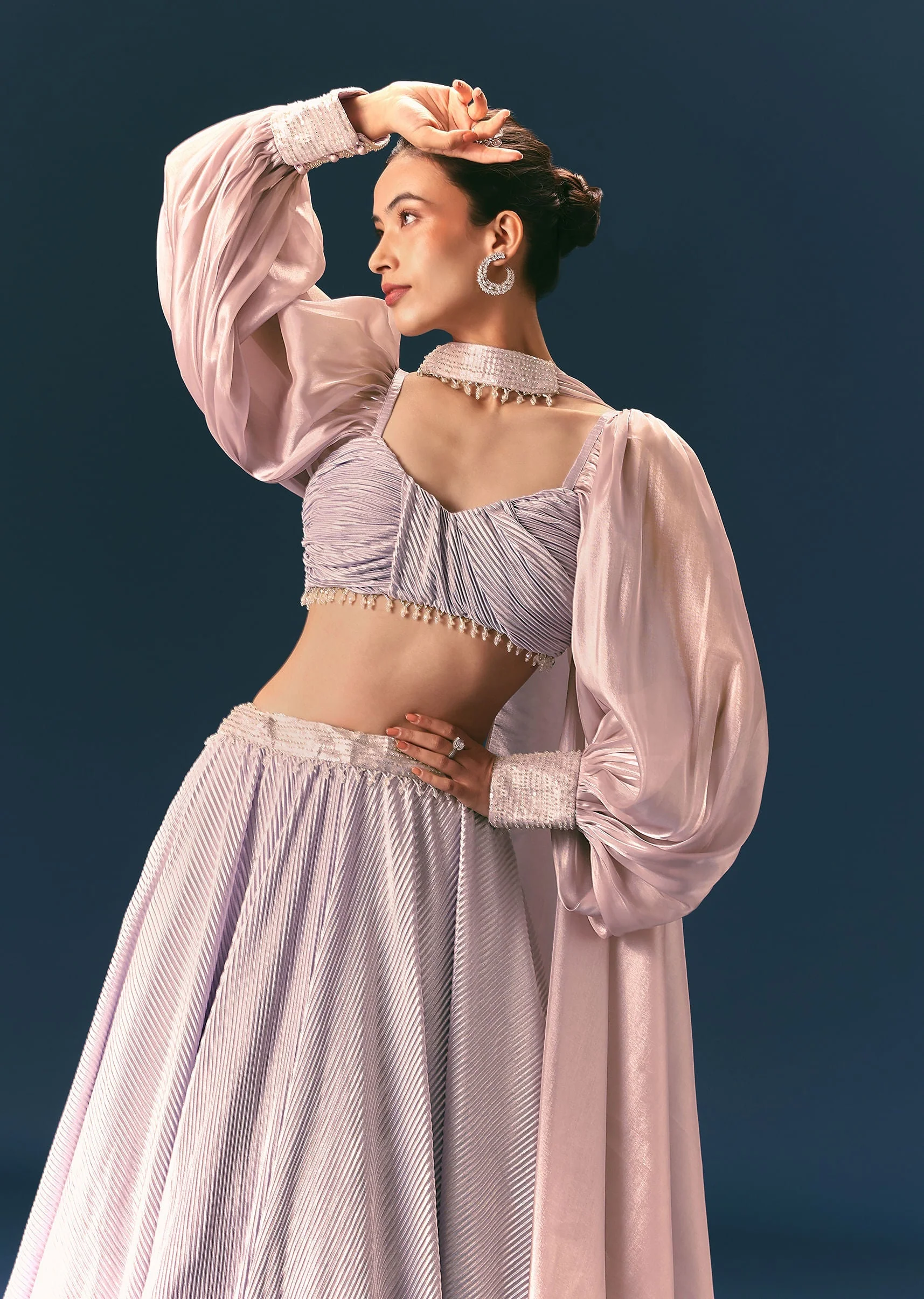 Purple Pre-Pleated Lehenga And Blouse Set With Choker Dupatta - Image 4