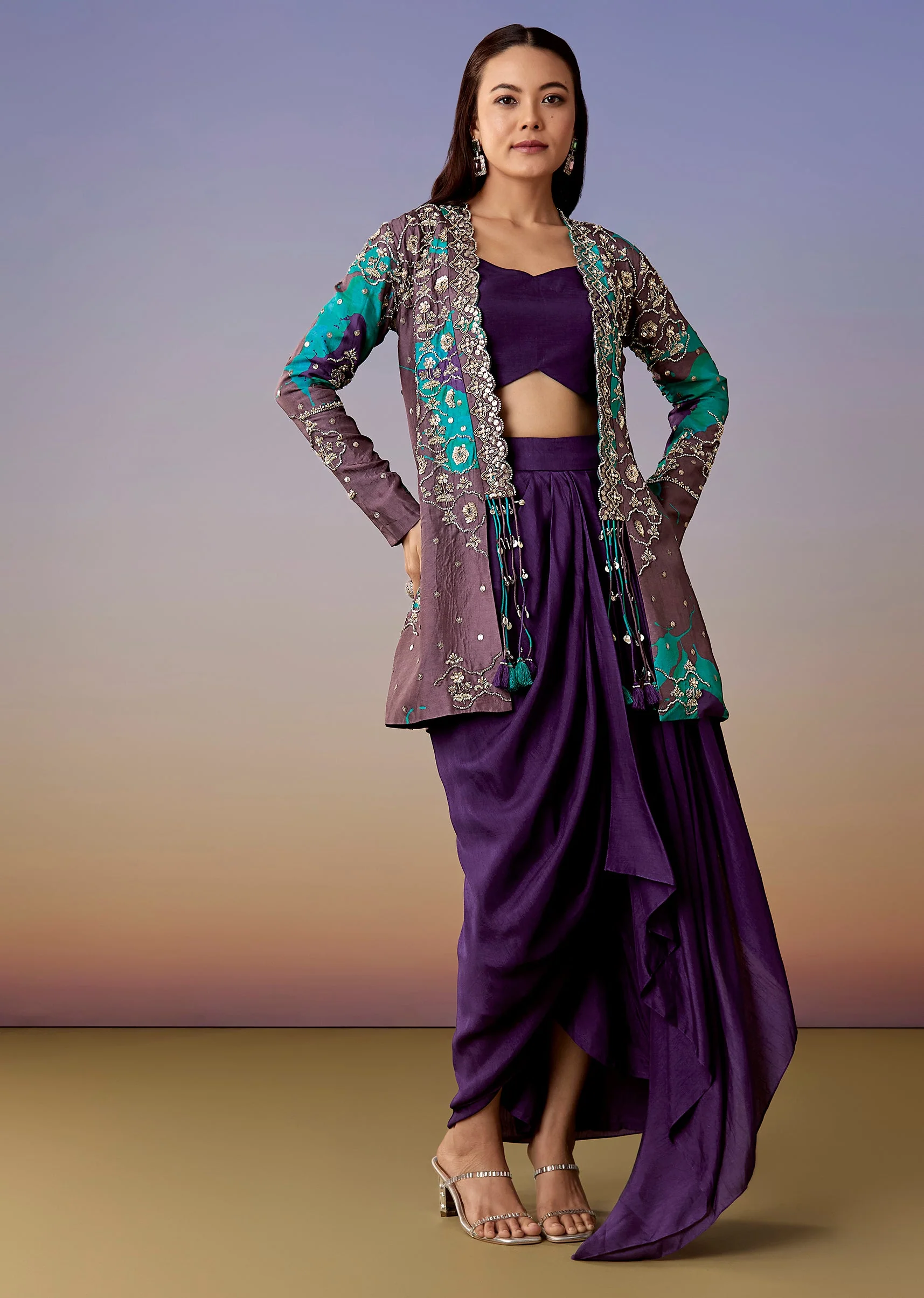 Purple Printed Cape Jacket Skirt Set - Image 3
