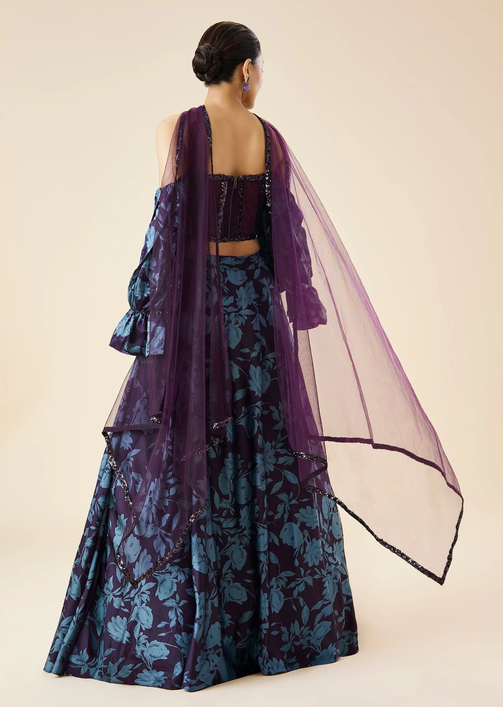 Purple Printed Fusion Lehenga Set With Tube Blouse - Image 2