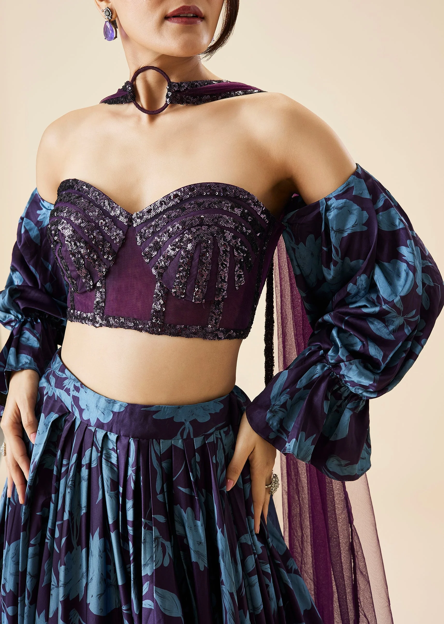 Purple Printed Fusion Lehenga Set With Tube Blouse - Image 3