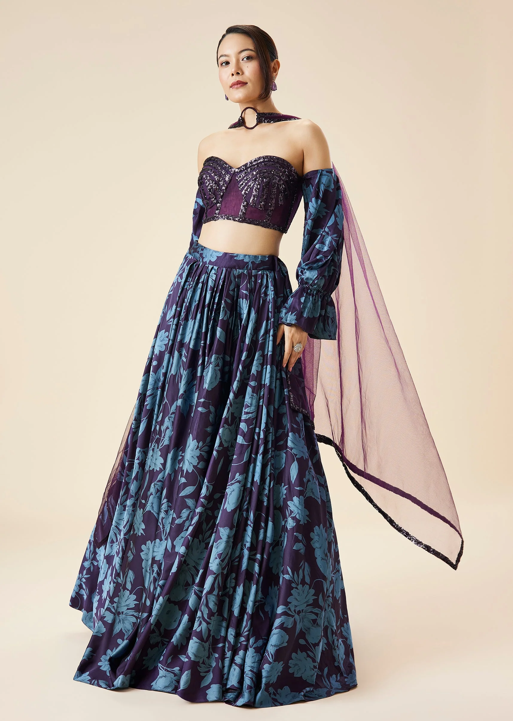 Purple Printed Fusion Lehenga Set With Tube Blouse - Image 4