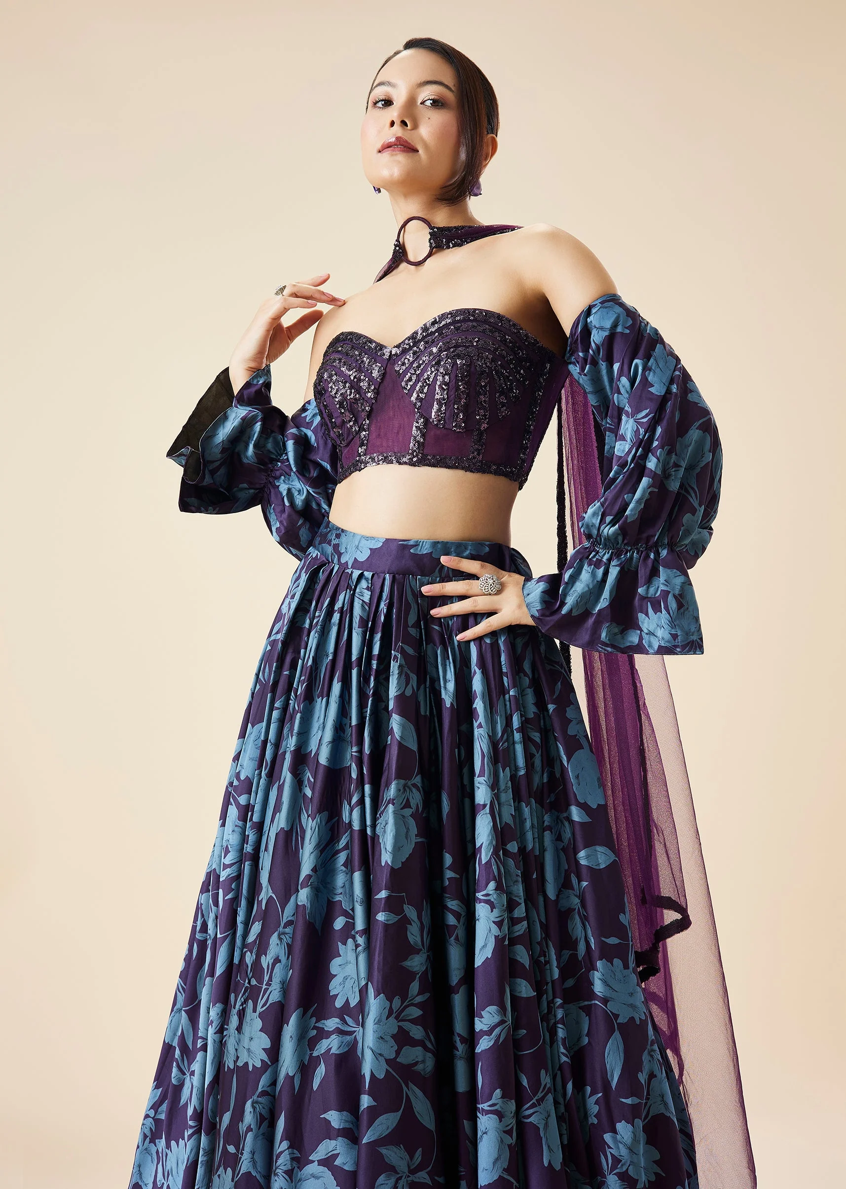 Purple Printed Fusion Lehenga Set With Tube Blouse - Image 5