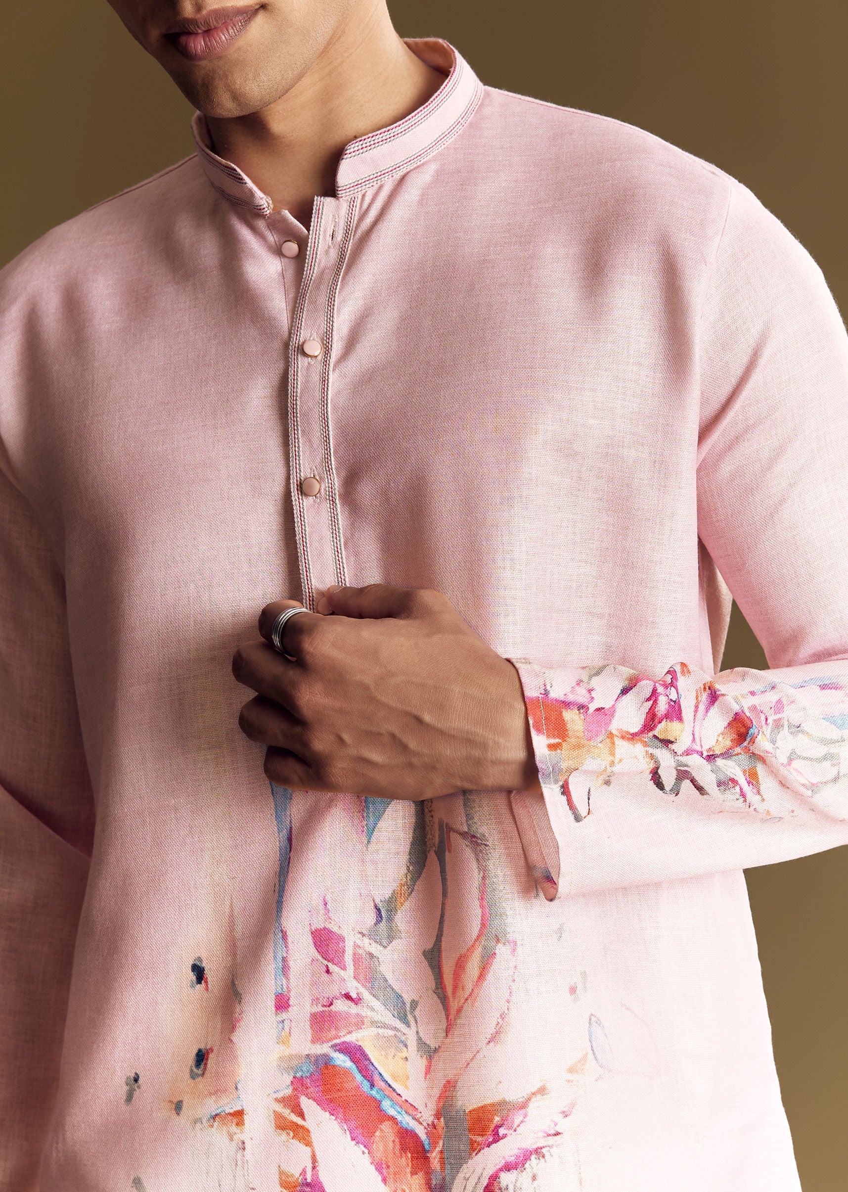 Purple Printed Linen Kurta Set With Mandarin Collar - Image 2