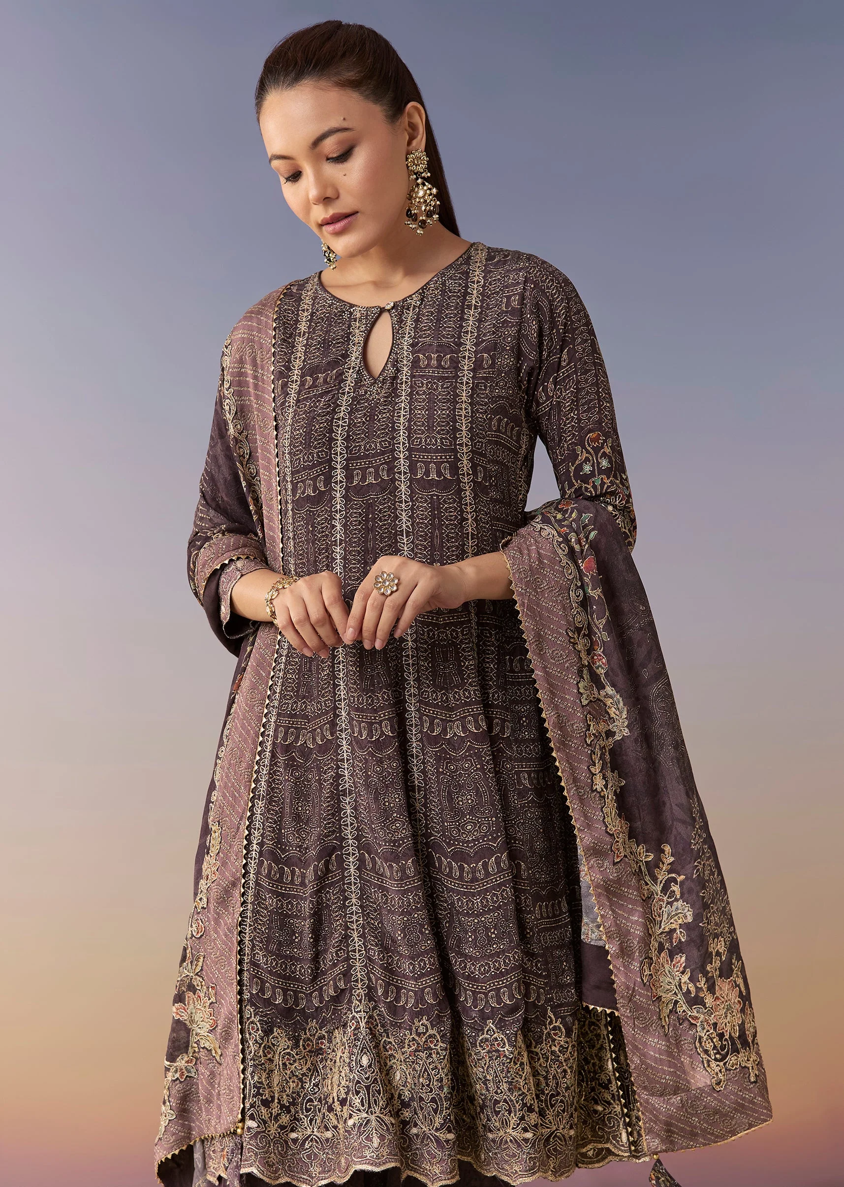 Purple Printed Patiala Suit Set With Dupatta - Image 4