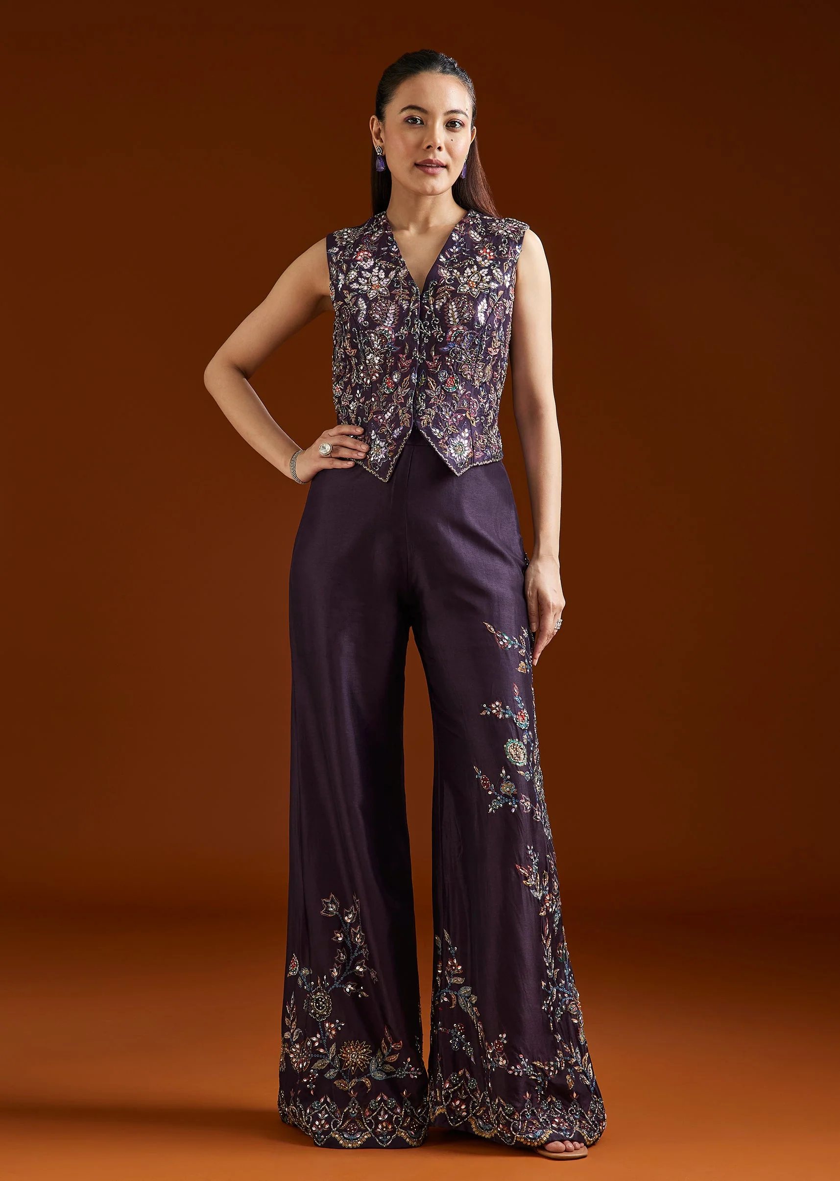 Purple Printed Silk Blend Crop Top Palazzo Set