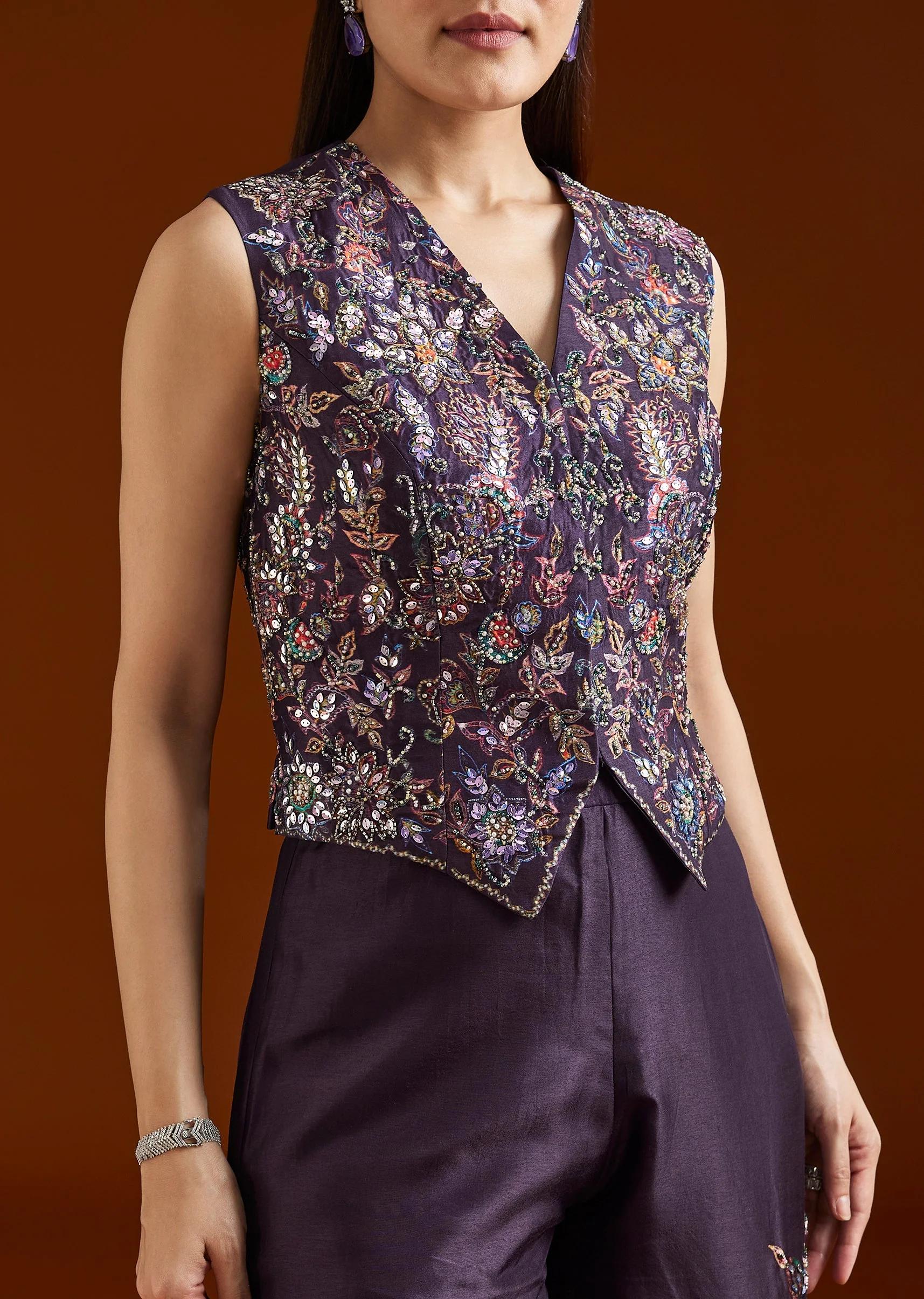 Purple Printed Silk Blend Crop Top Palazzo Set - Image 2
