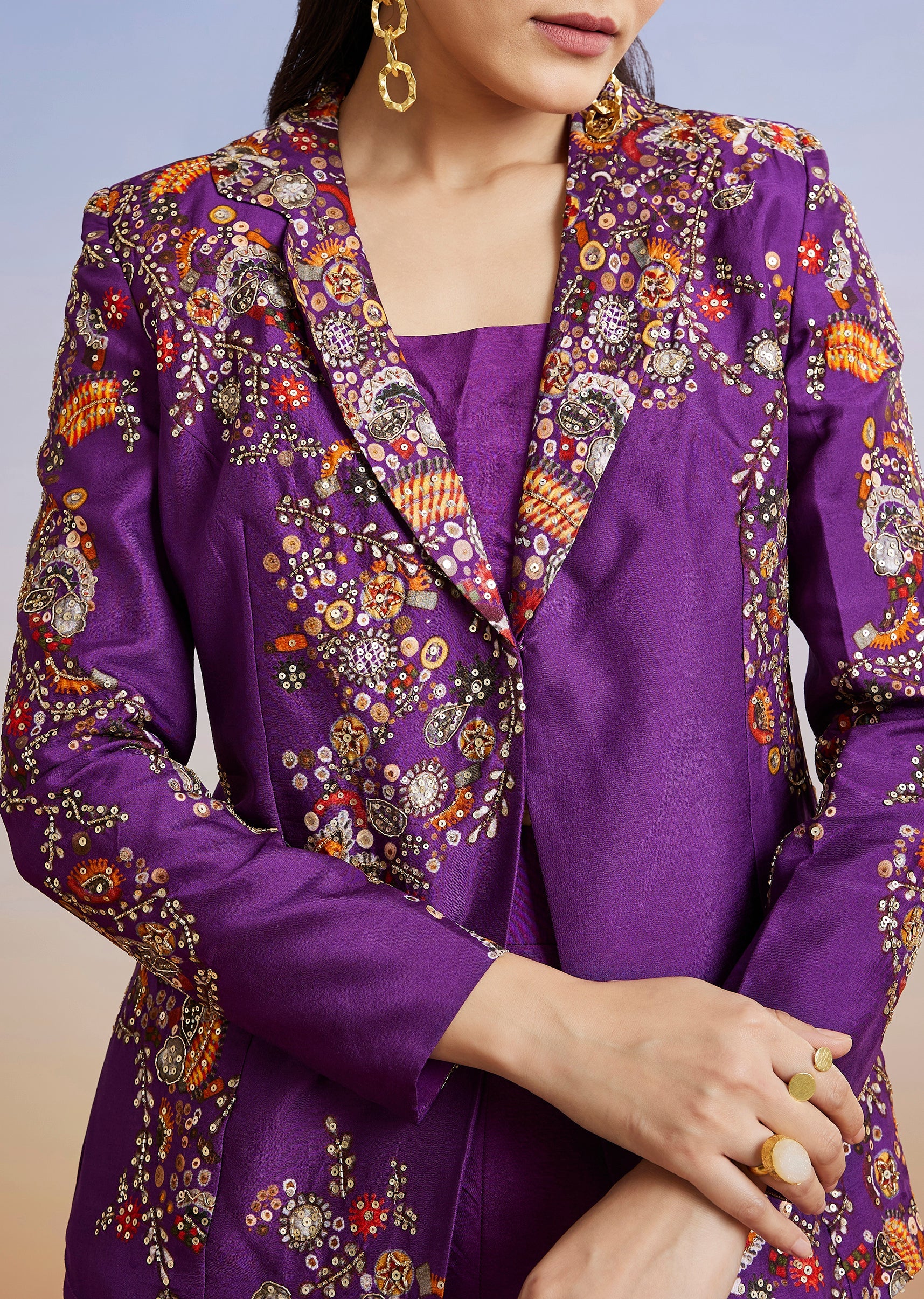Purple Printed Silk Blend Jacket Palazzo Set - Image 2