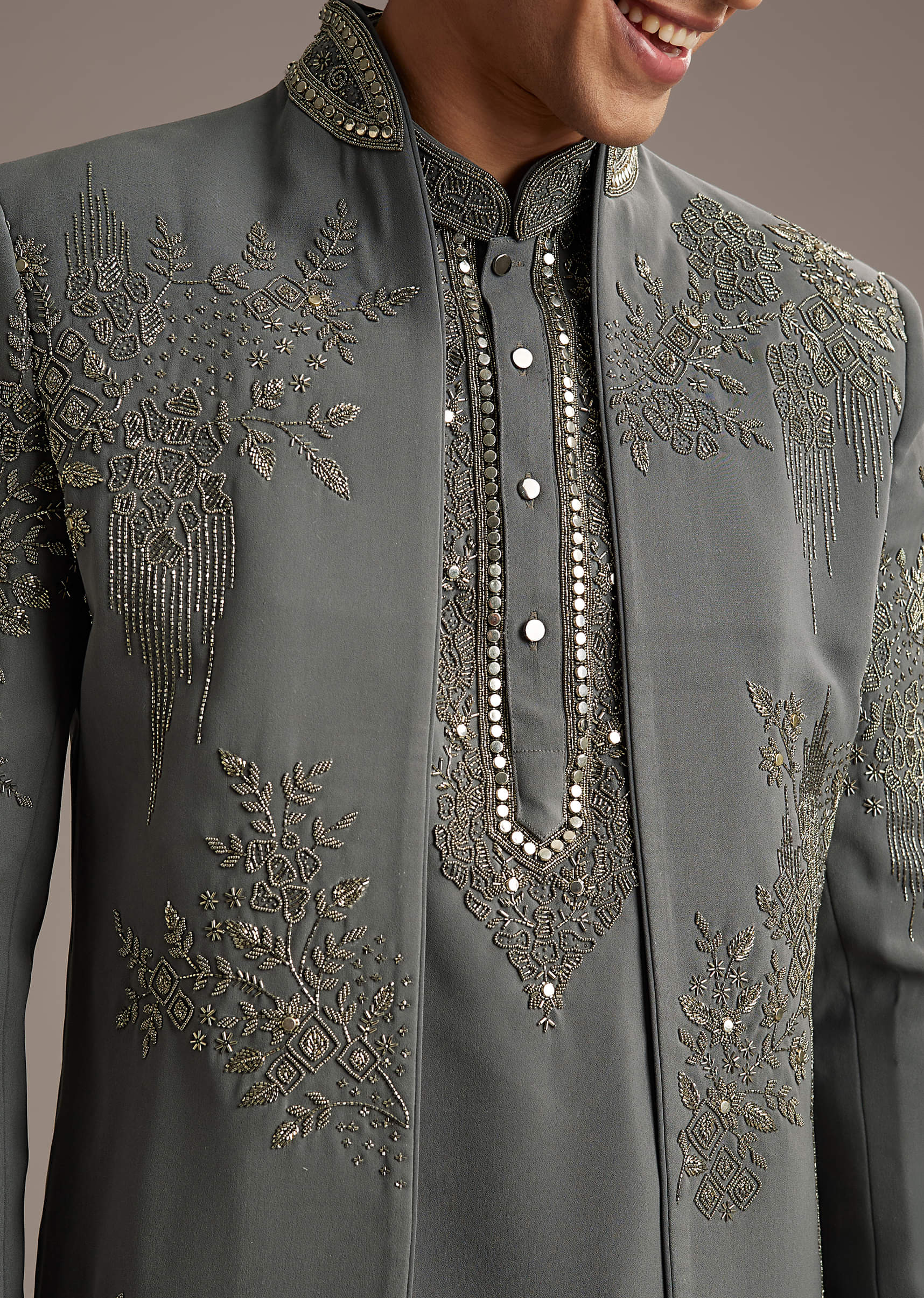 Purple Rayon Indo Western Set For Men With Heavy Hand Embroidery - Image 2