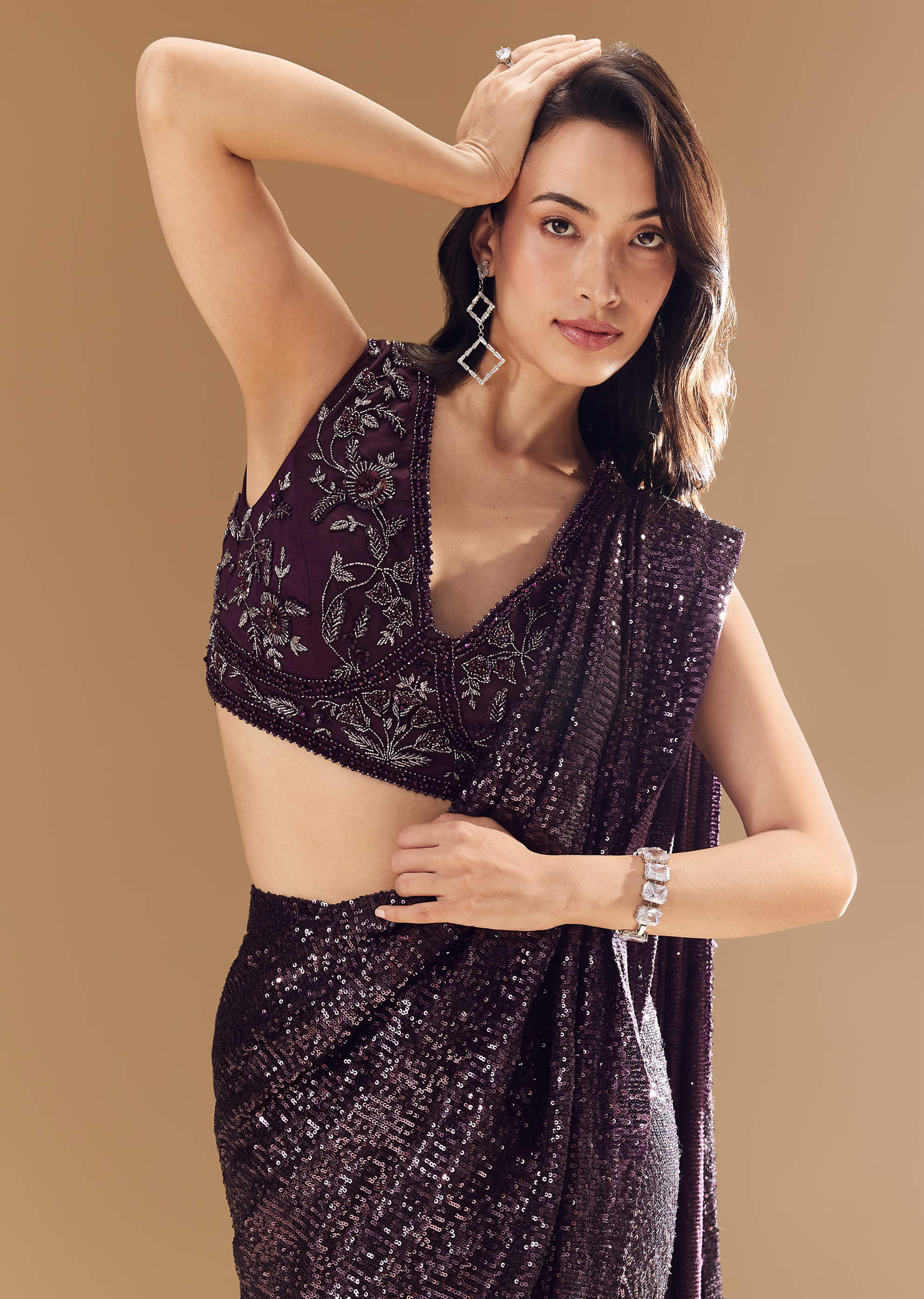 Purple Ready Pleated Shimmer Net Saree with Blouse - Image 3