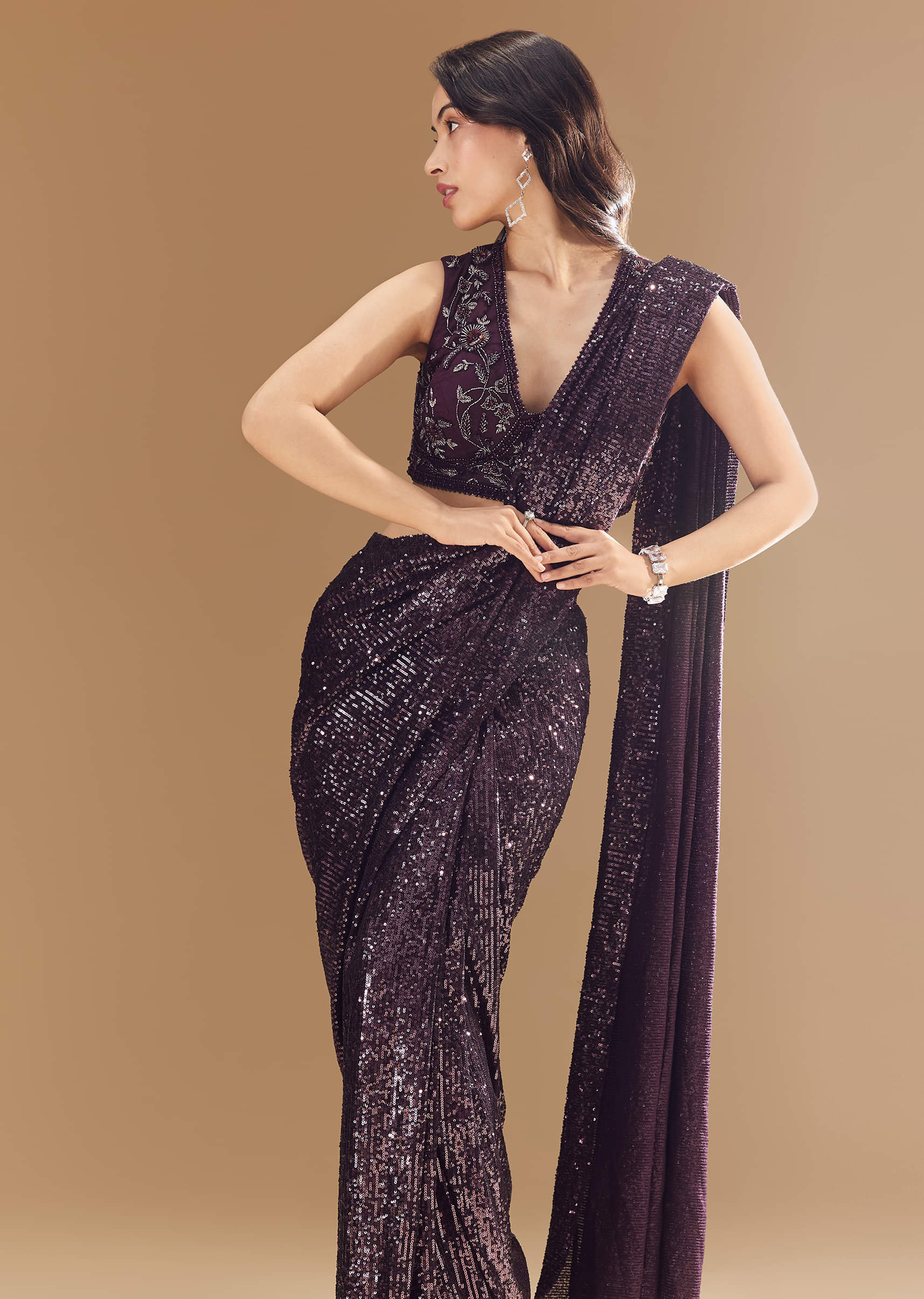 Purple Ready Pleated Shimmer Net Saree with Blouse - Image 5