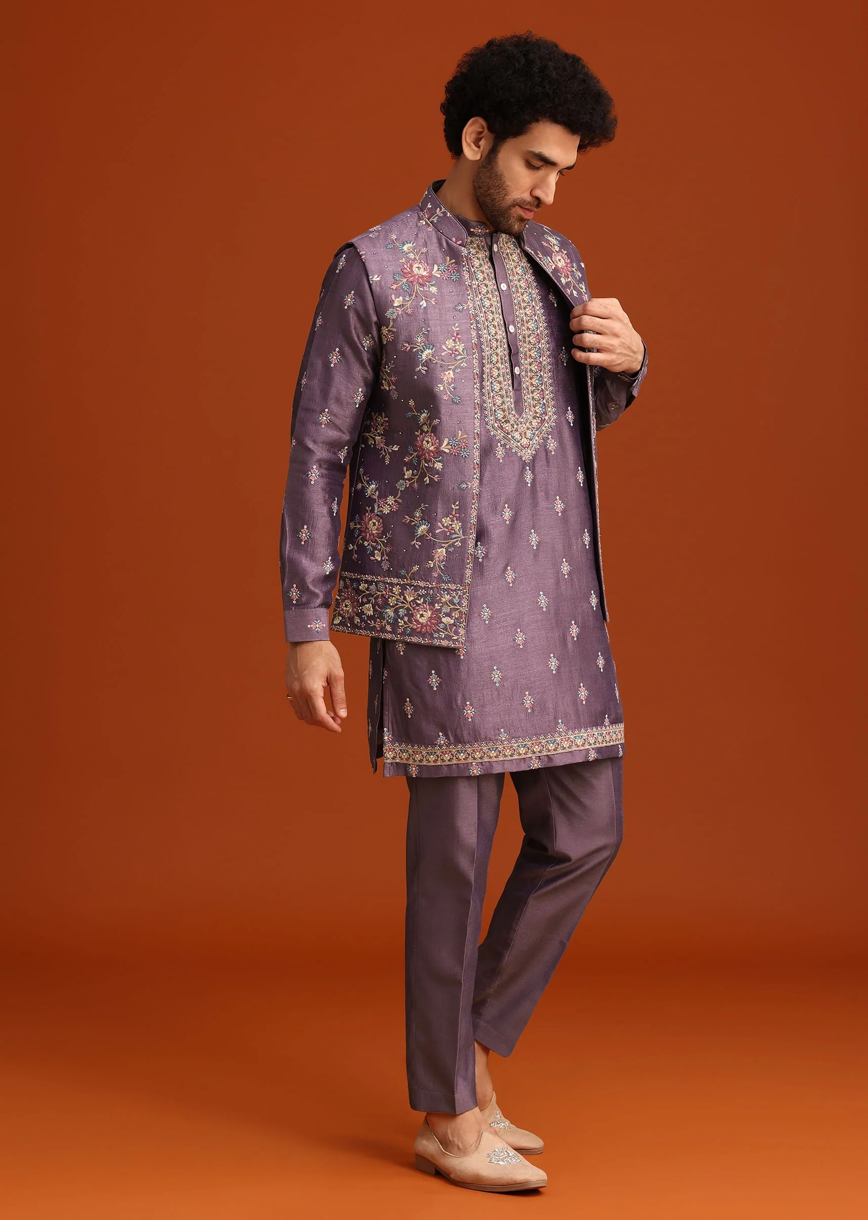 Purple Resham Work Kurta Jacket Set In Silk - Image 4