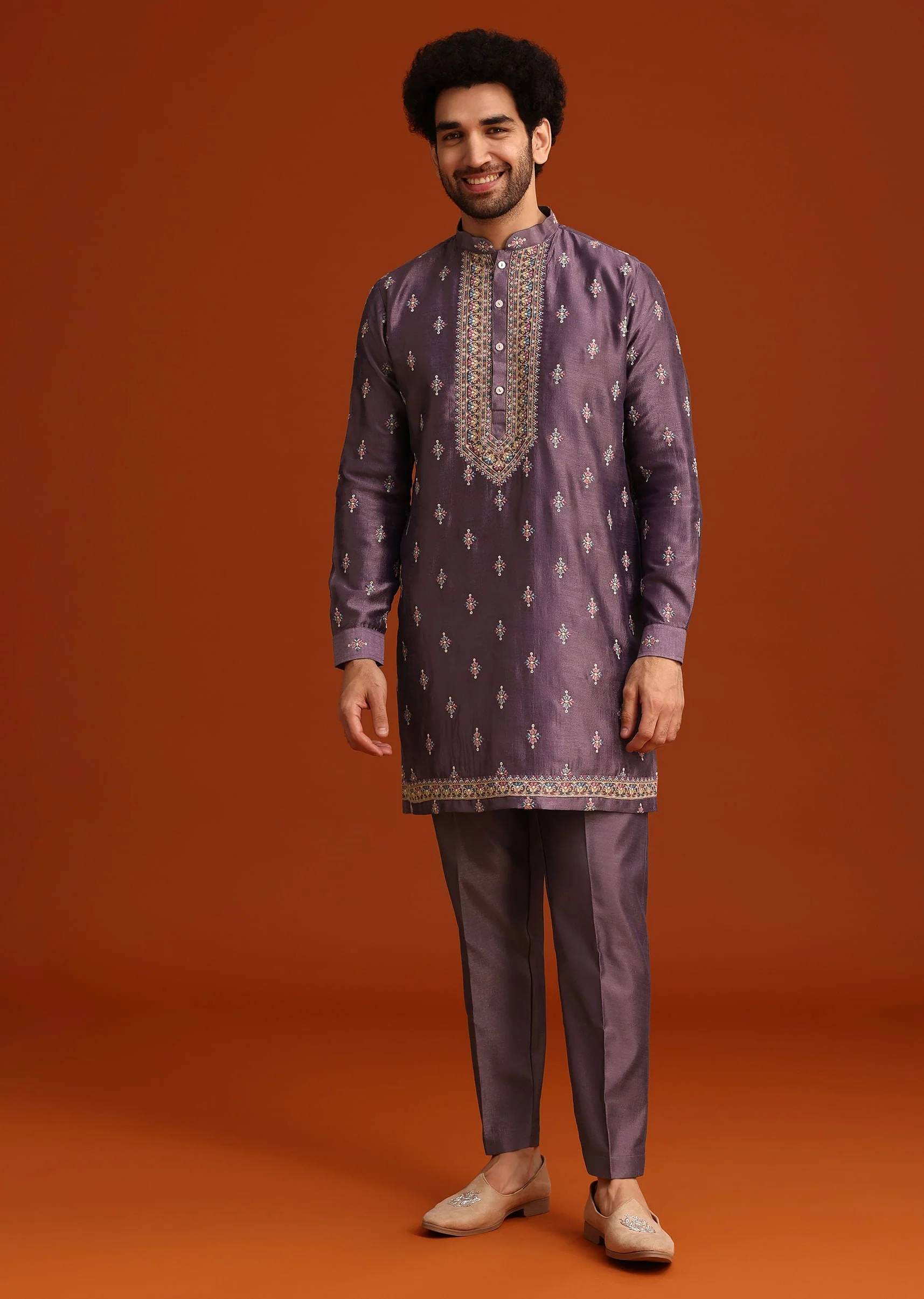 Purple Resham Work Kurta Jacket Set In Silk - Image 7