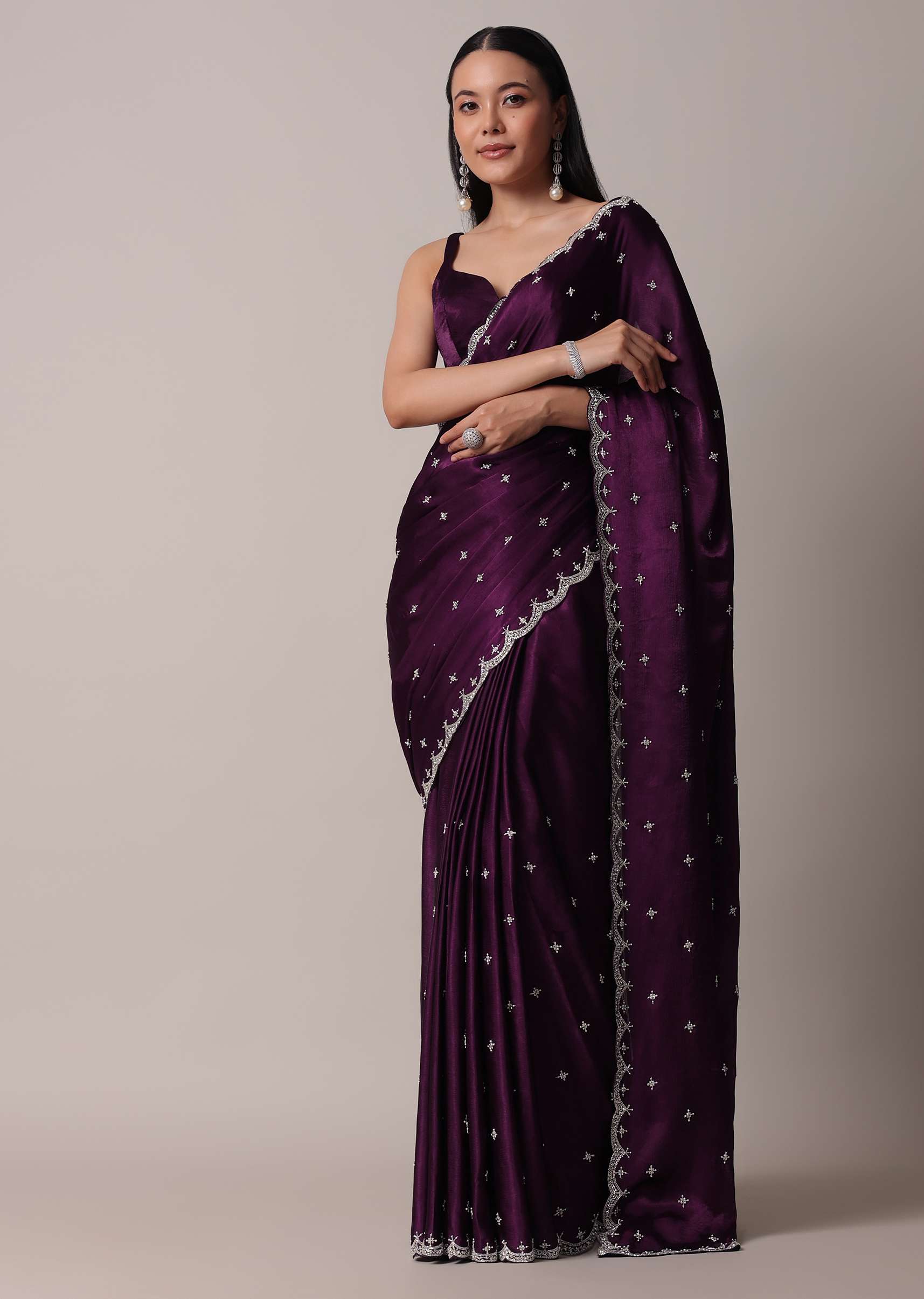 Purple Satin Chinon Saree With Stone Work And Unstitched Blouse Piece - Image 3