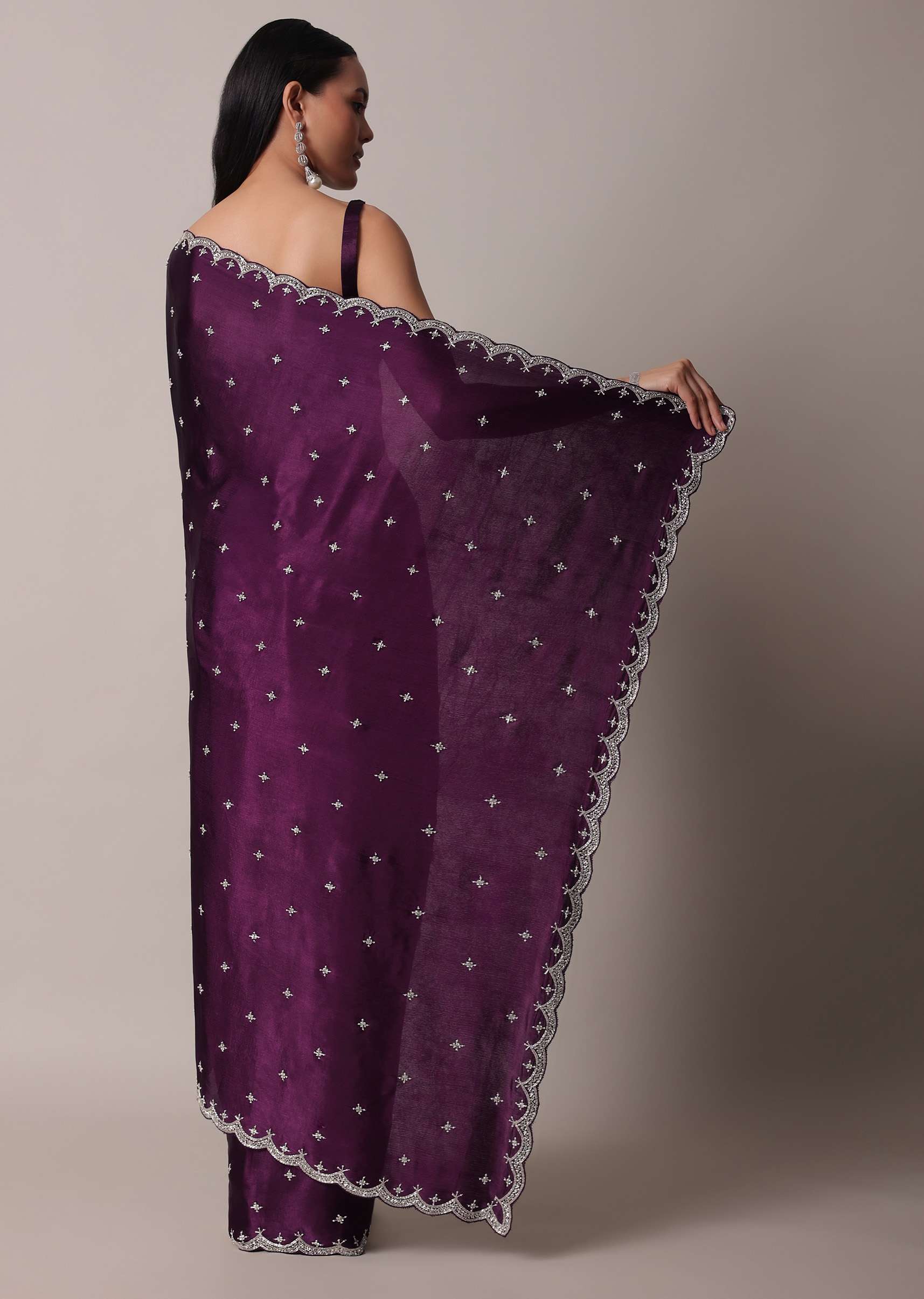 Purple Satin Chinon Saree With Stone Work And Unstitched Blouse Piece - Image 4
