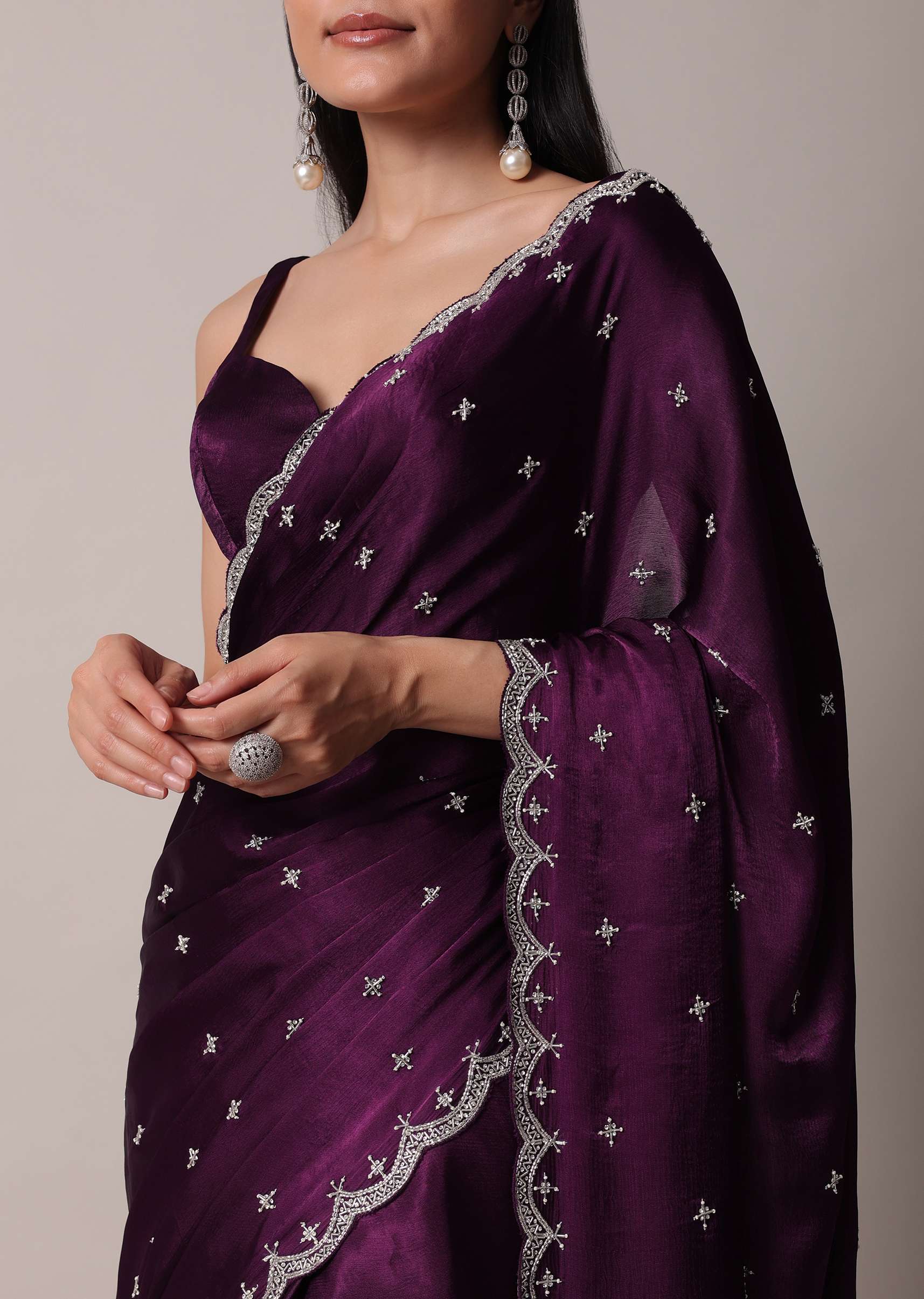 Purple Satin Chinon Saree With Stone Work And Unstitched Blouse Piece - Image 5