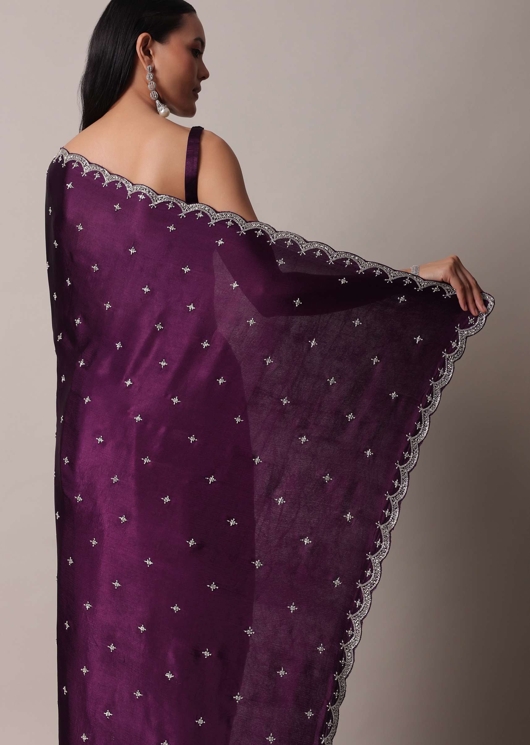 Purple Satin Chinon Saree With Stone Work And Unstitched Blouse Piece - Image 6